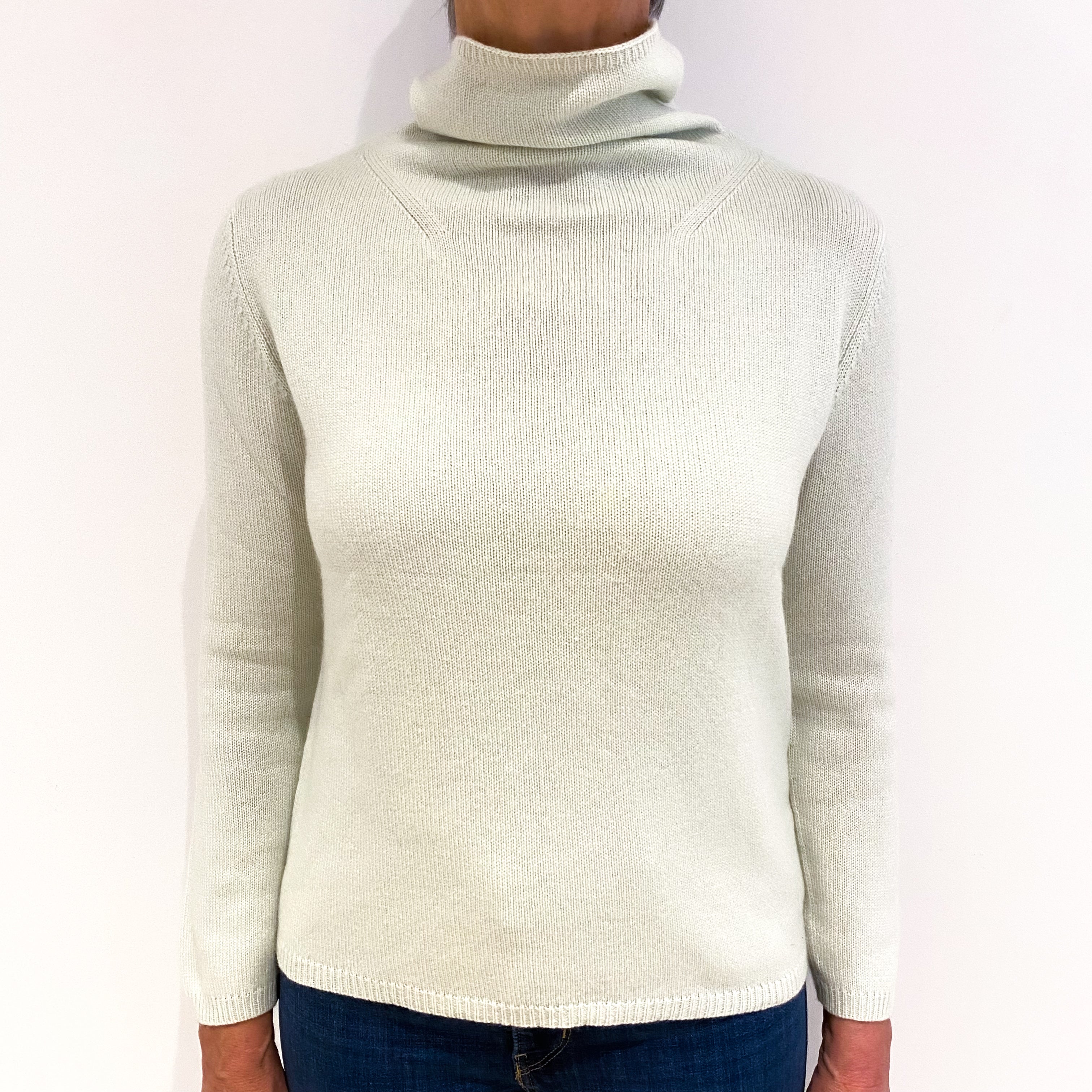 Chicory Green Heavy Knit Cashmere Funnel Neck Jumper Medium