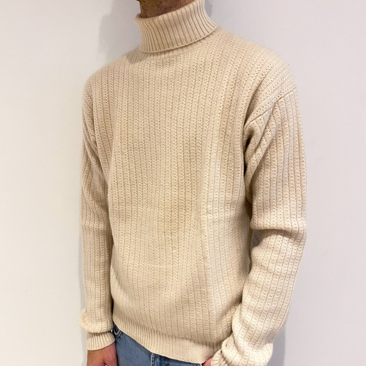 Men's Sand Cream Cashmere Polo Neck Jumper Large