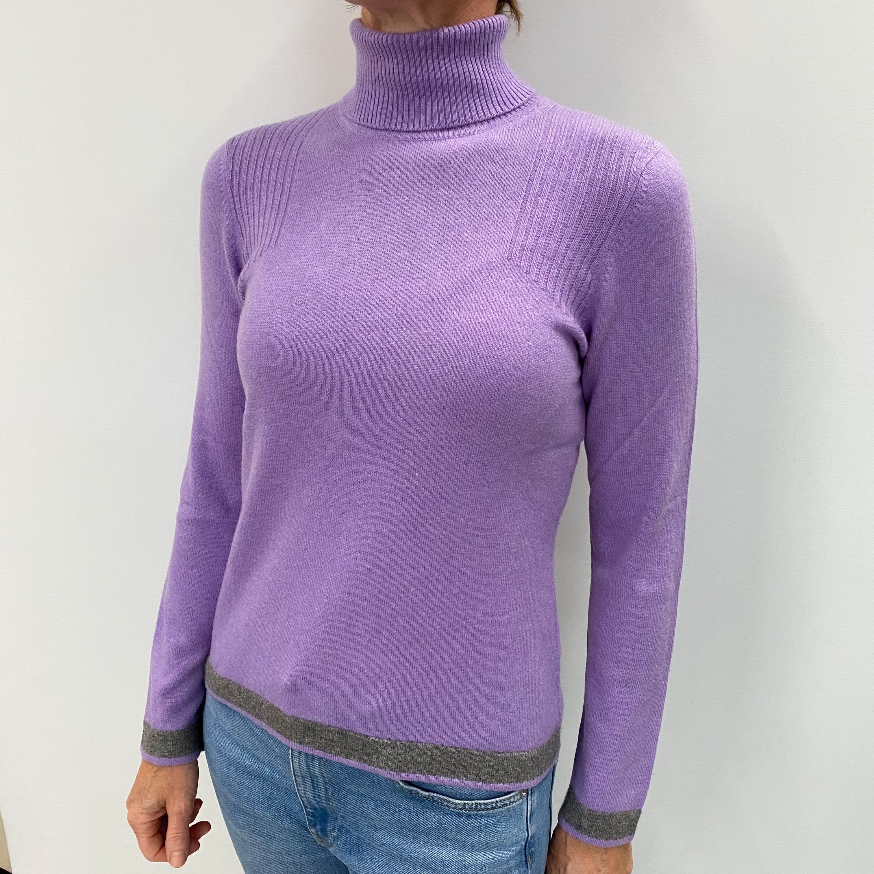 Lavender Purple Grey Trim Cashmere Polo Neck Jumper Small