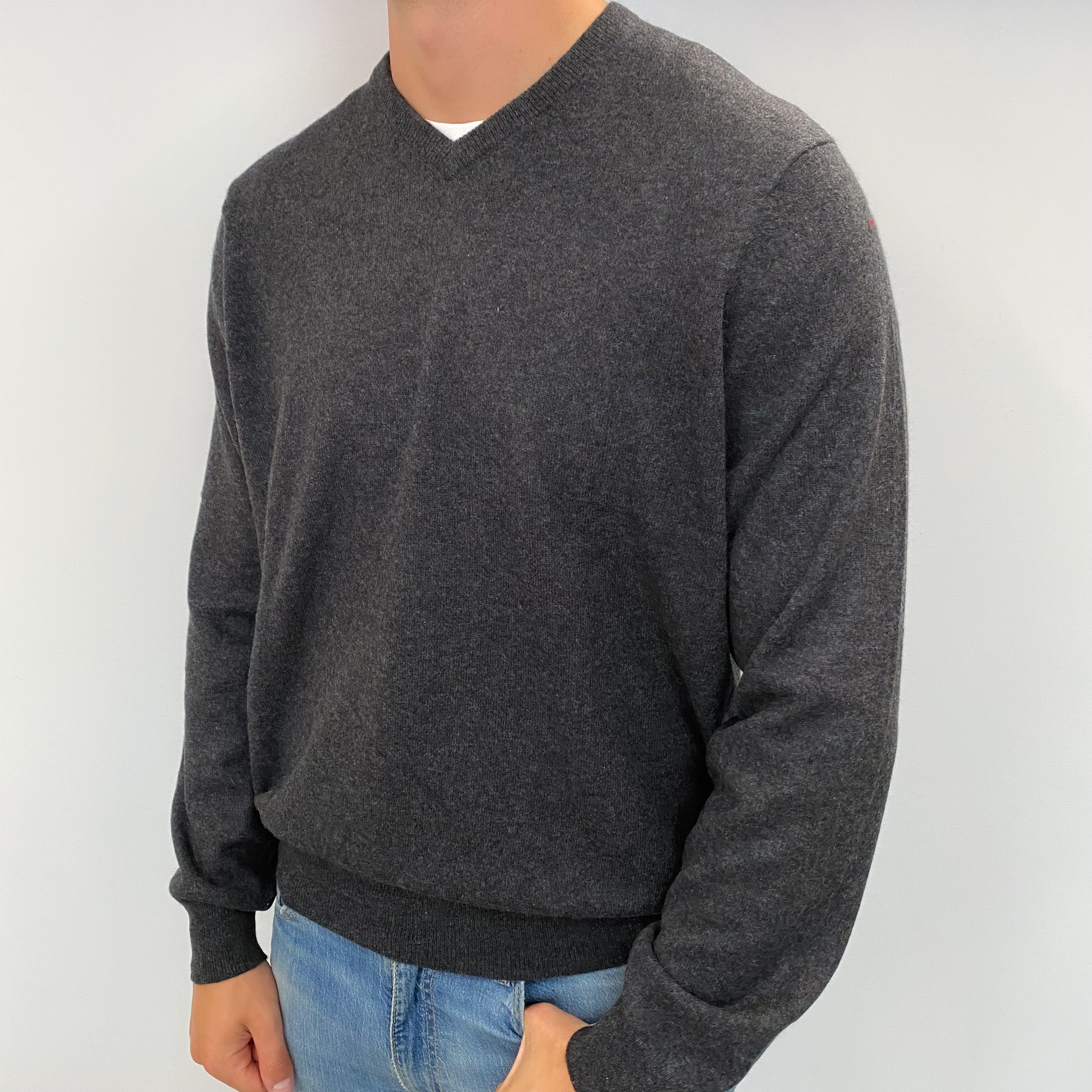 Men's Slate Grey Cashmere V Neck Jumper XXL