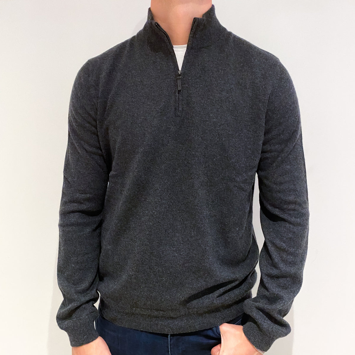 Men's Dark Grey Cashmere 1/4 Zip Jumper Extra Large