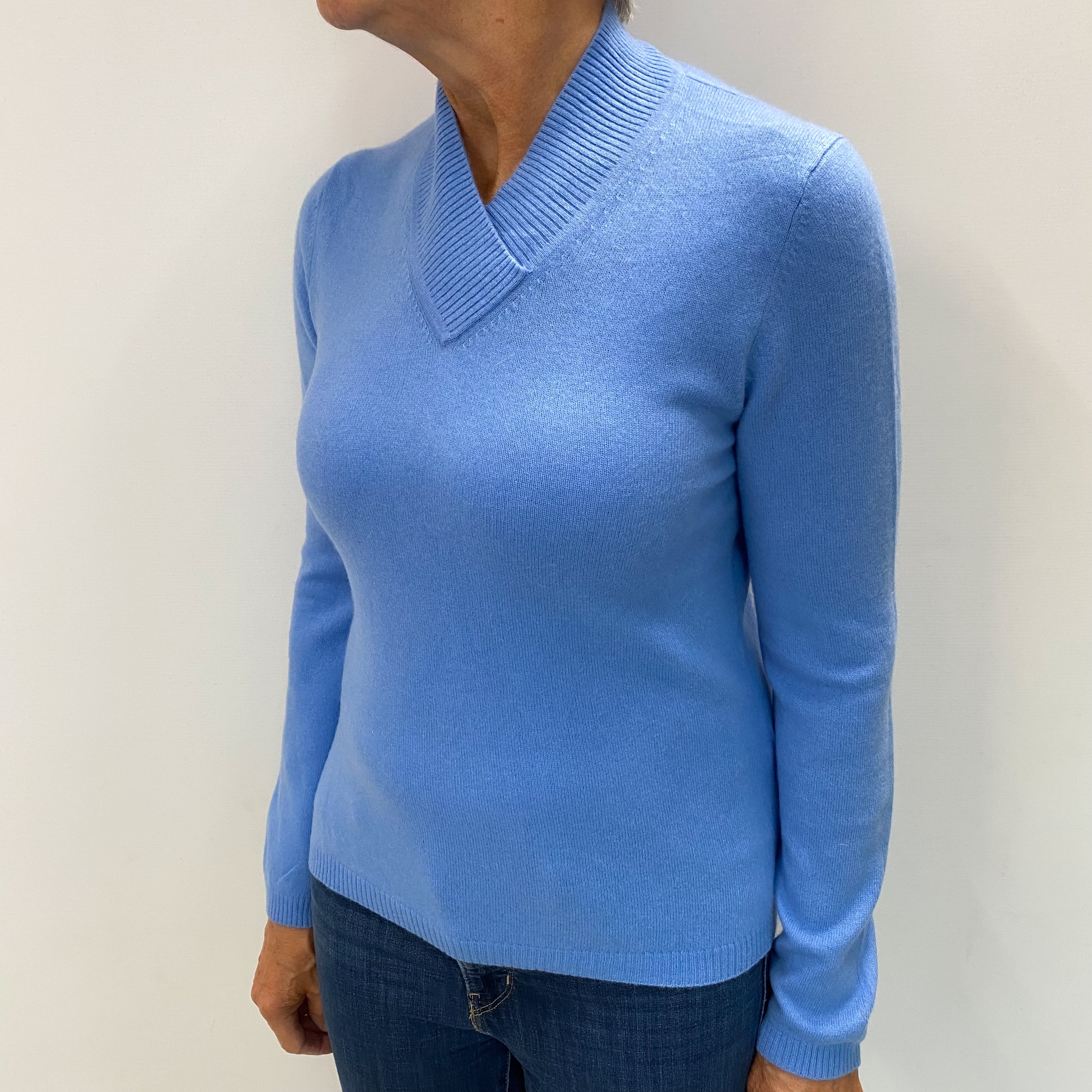 Cornflower Blue Cashmere V Neck Jumper Medium
