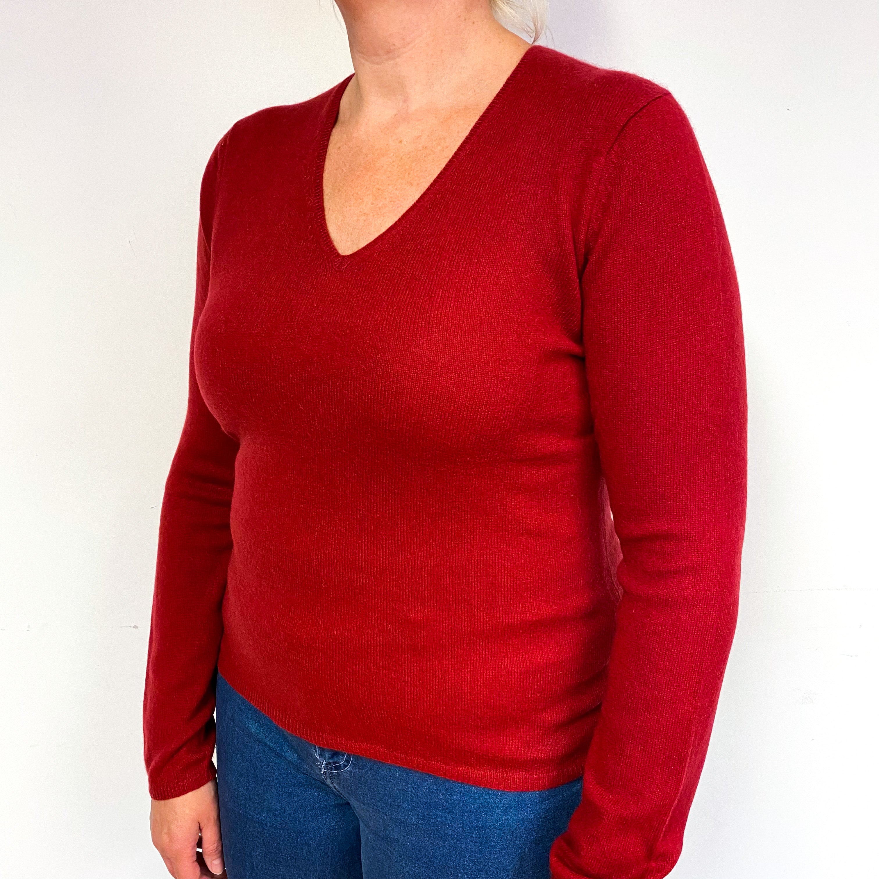 Crimson Red Cashmere V-Neck Jumper Large