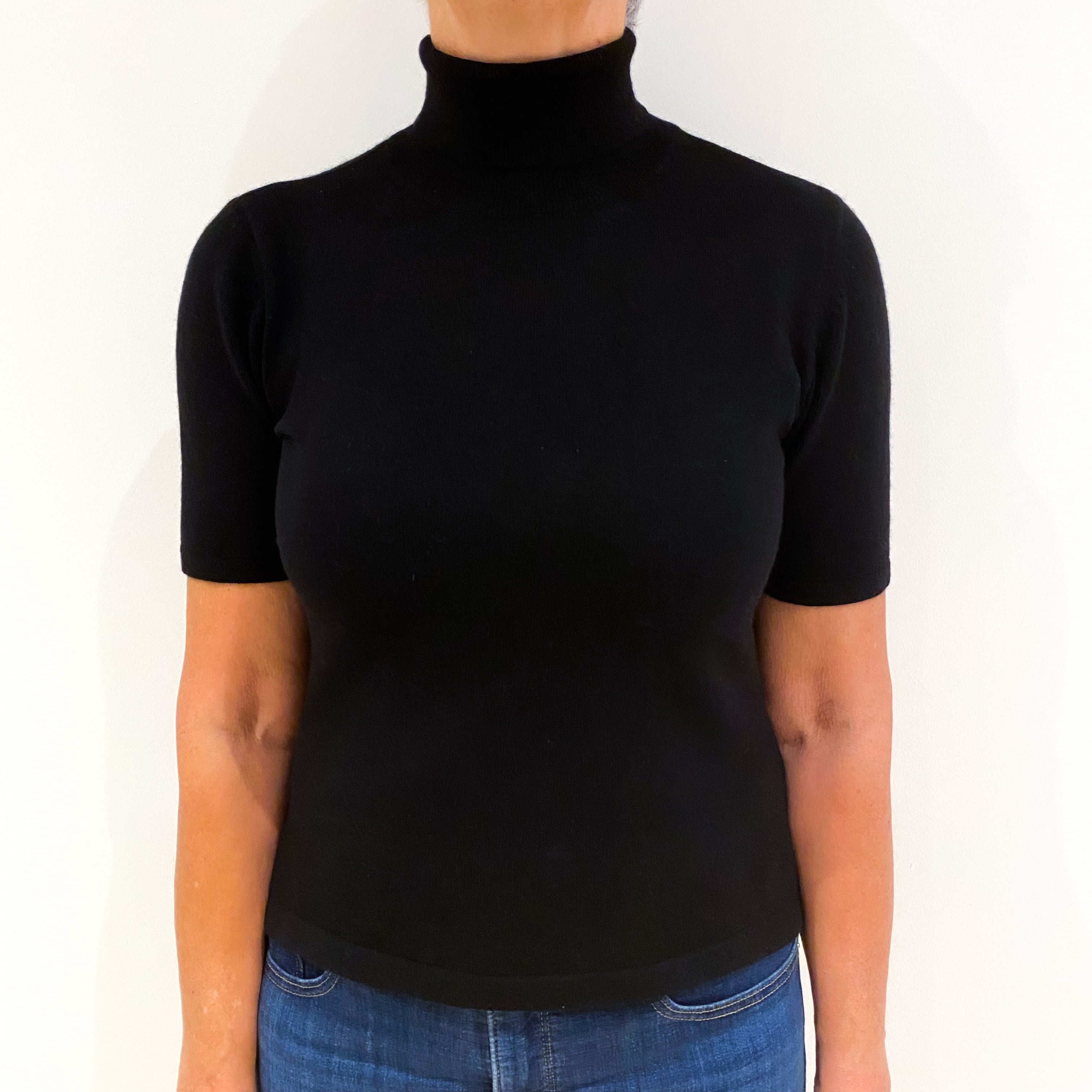 Black Short Sleeved Cashmere Polo Neck Jumper Medium