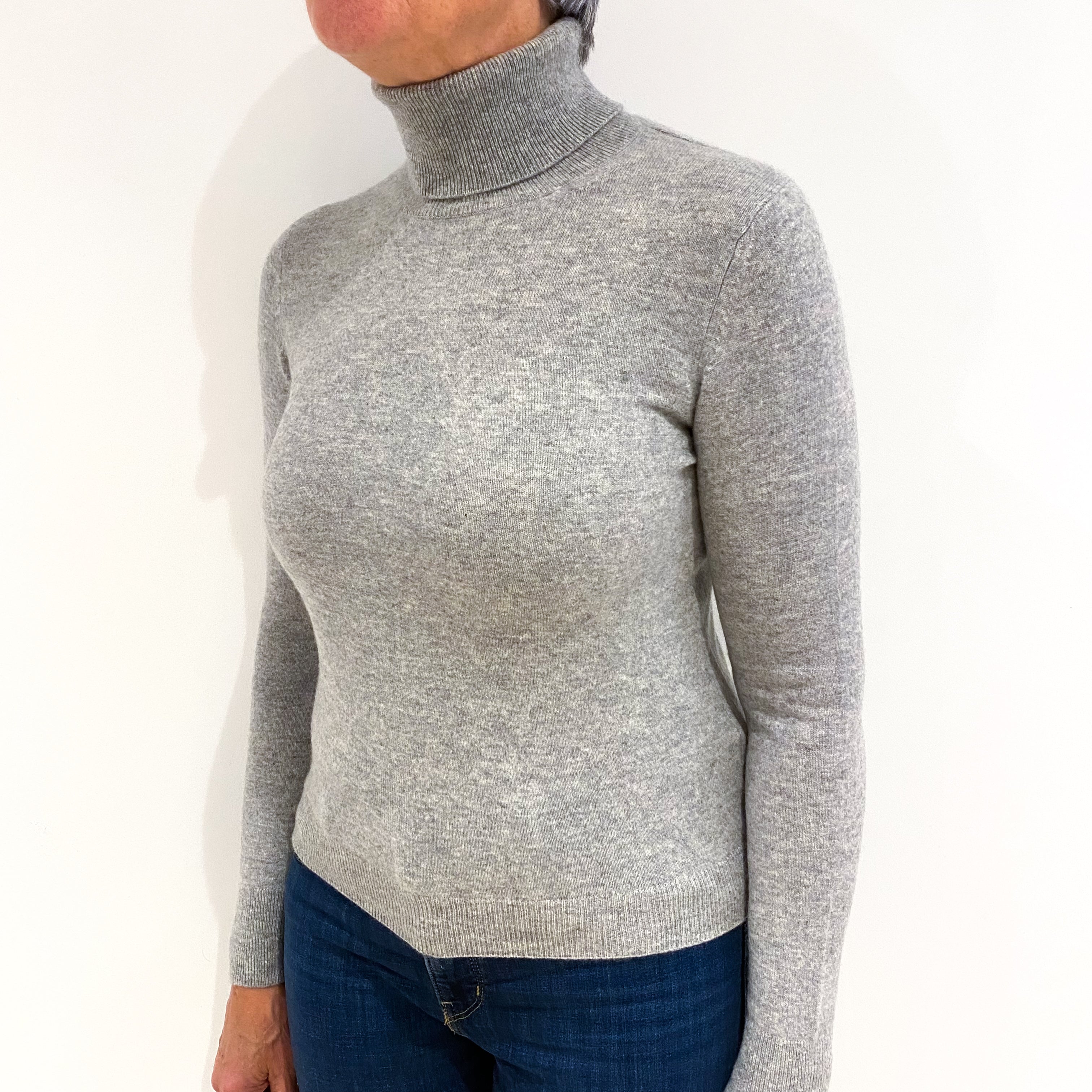 Ash Grey Cashmere Polo Neck Jumper Medium