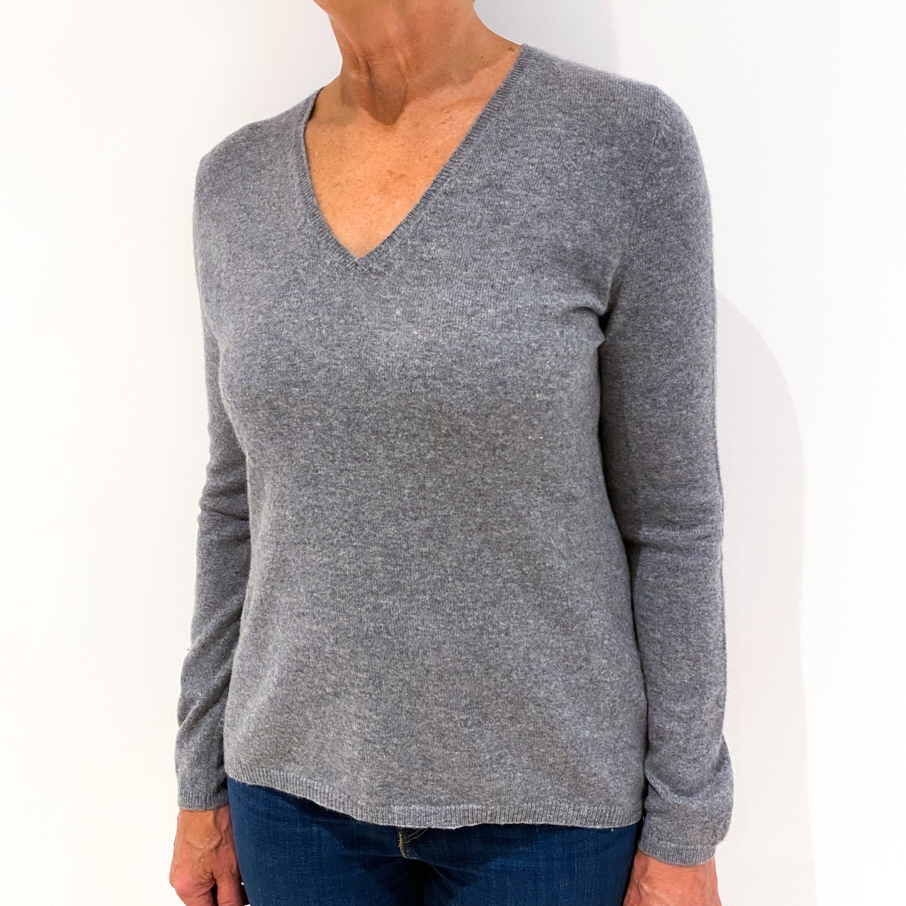 Smoke Grey Cashmere V-Neck Jumper Medium