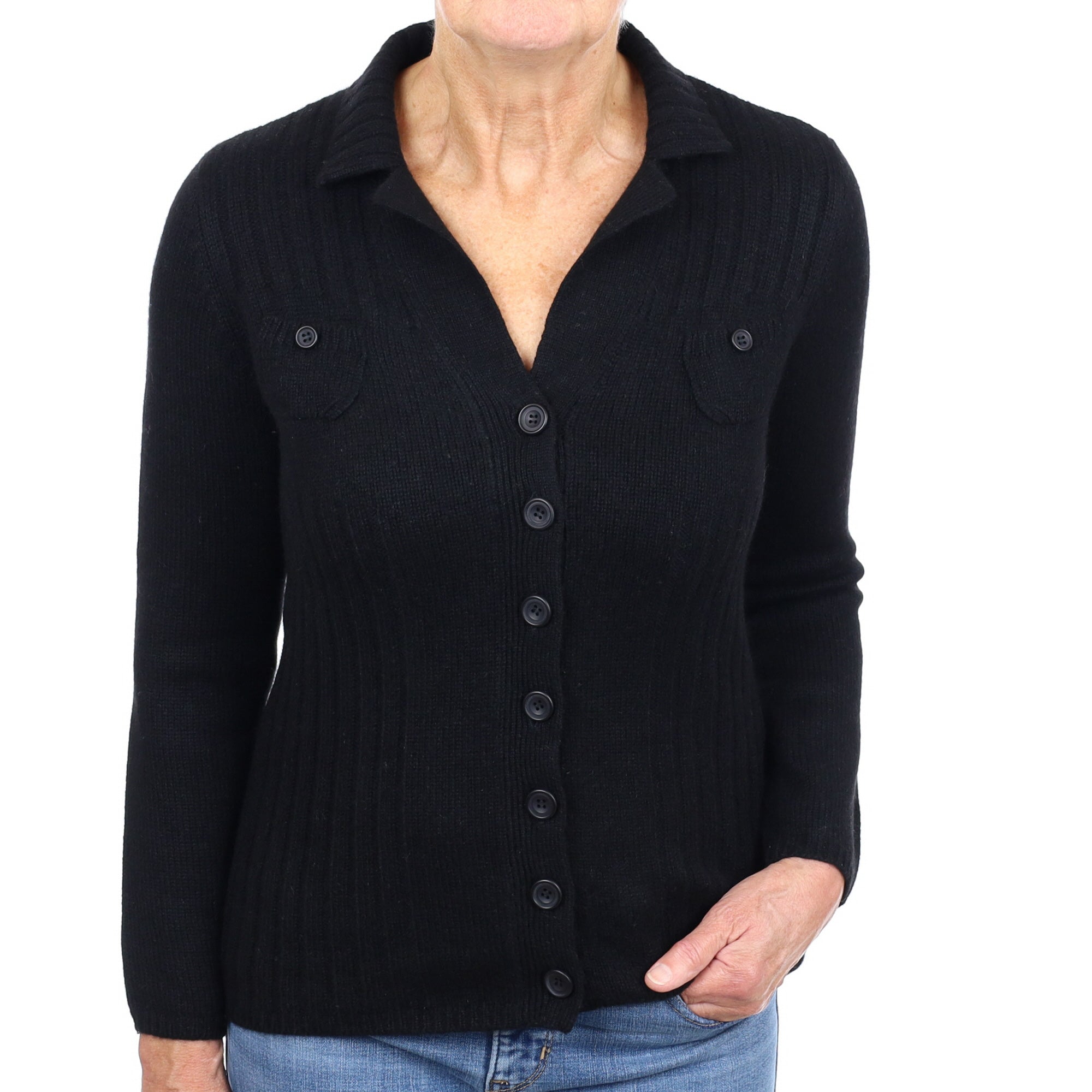 Black Cashmere Chucky Collared V Neck Cardigan Medium