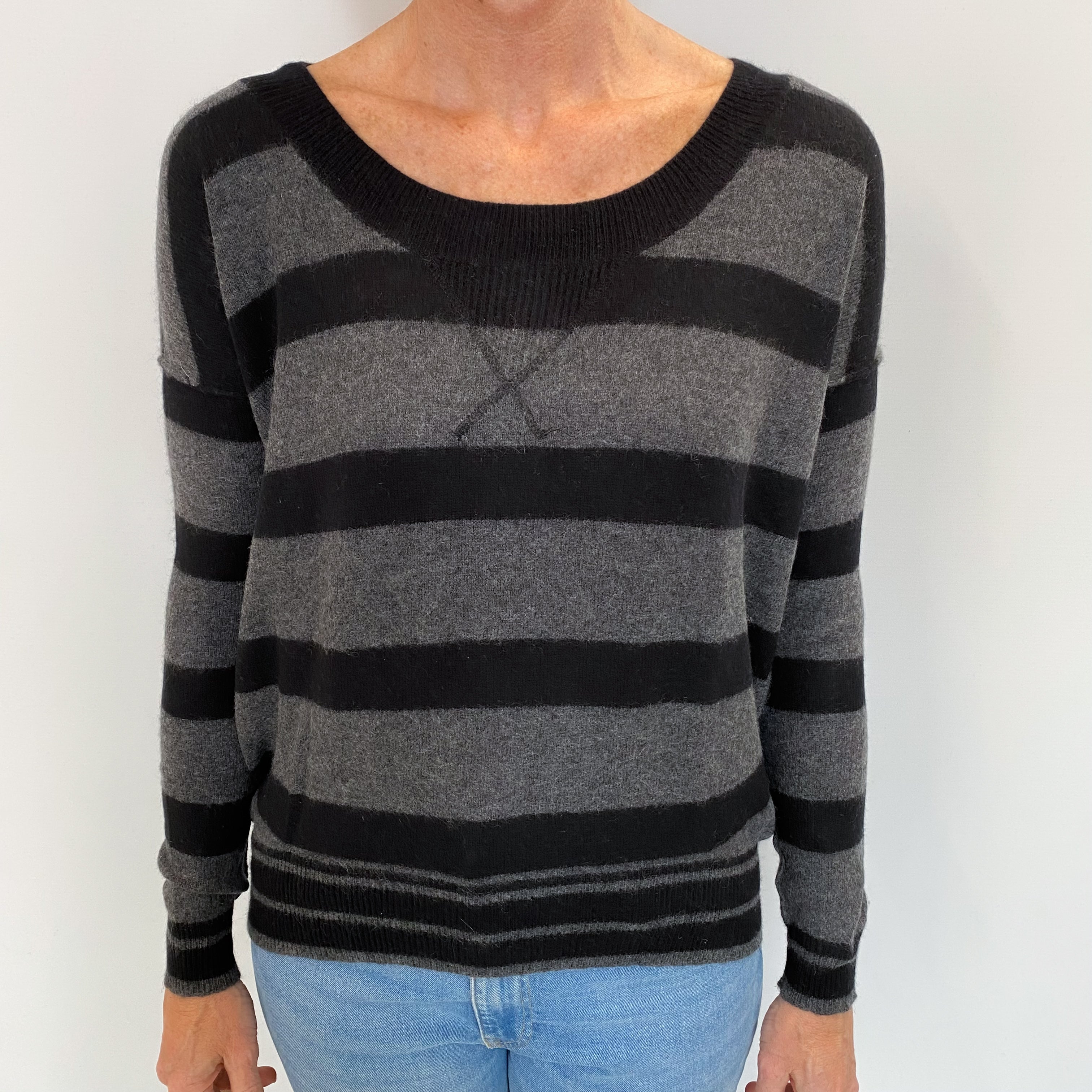 Black And Grey Striped Cashmere Wide Crew Neck Jumper Small