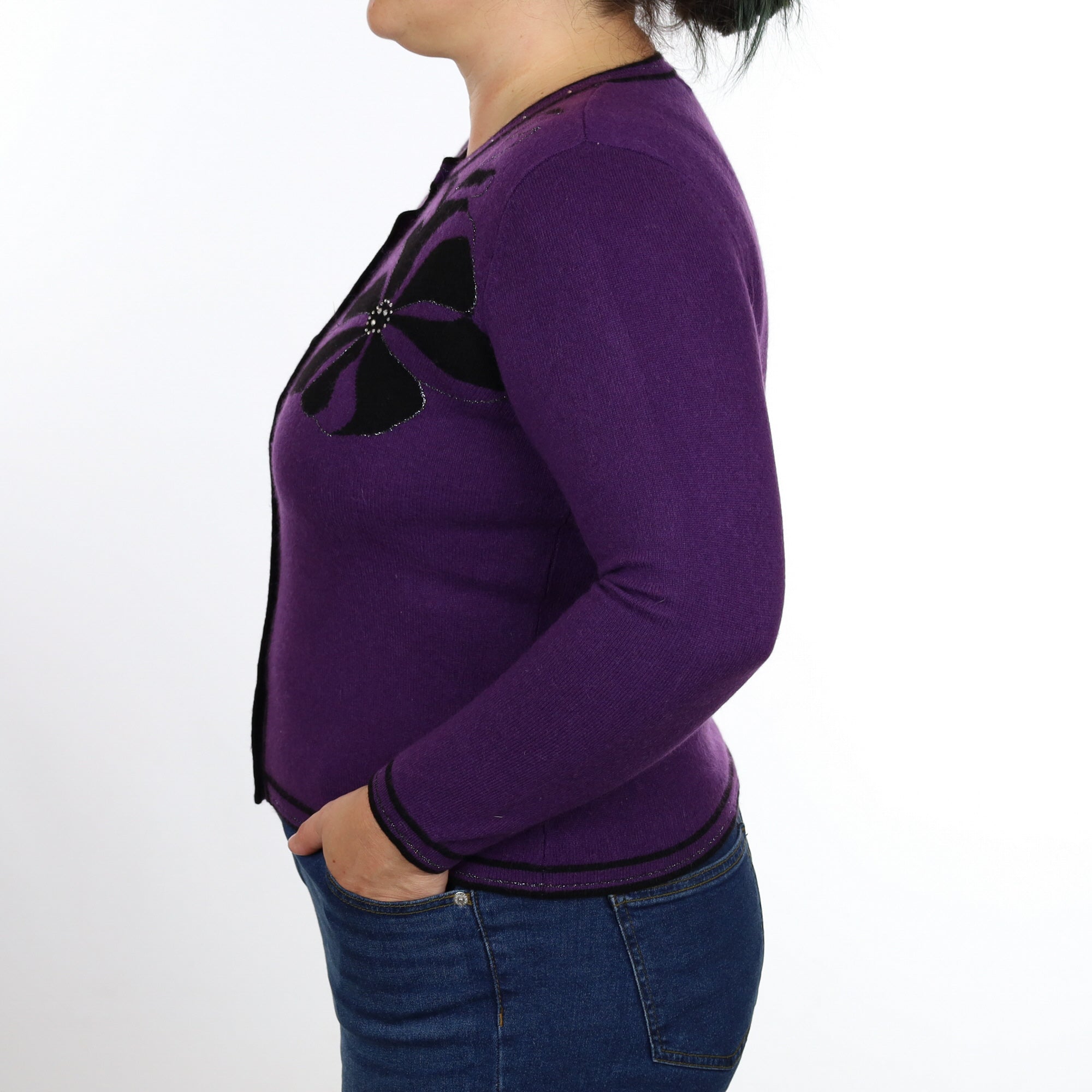 Purple Floral Embellished Cashmere Crew Neck Cardigan Large