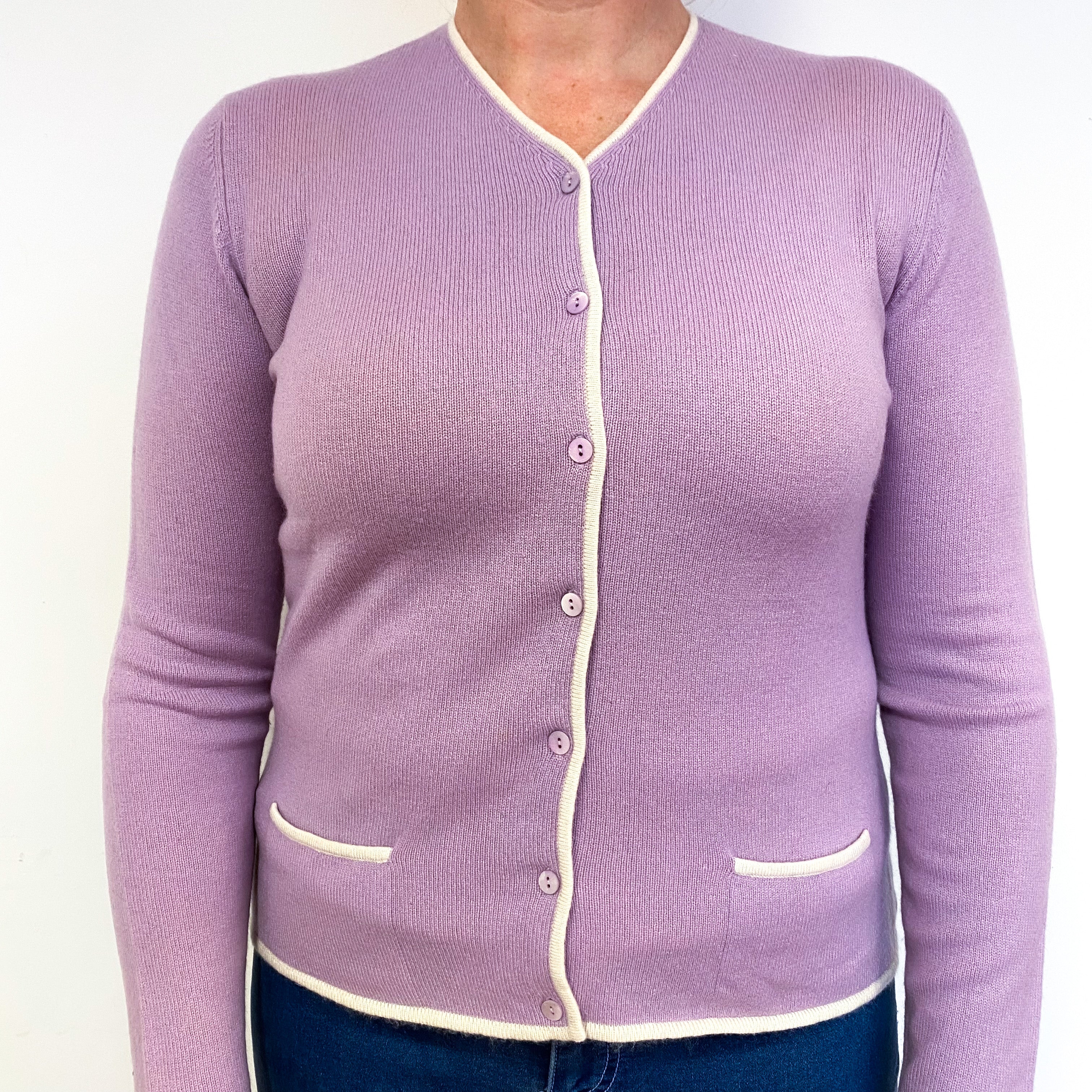 Lilac Purple Cream Trim Cashmere V-Neck Cardigan Large