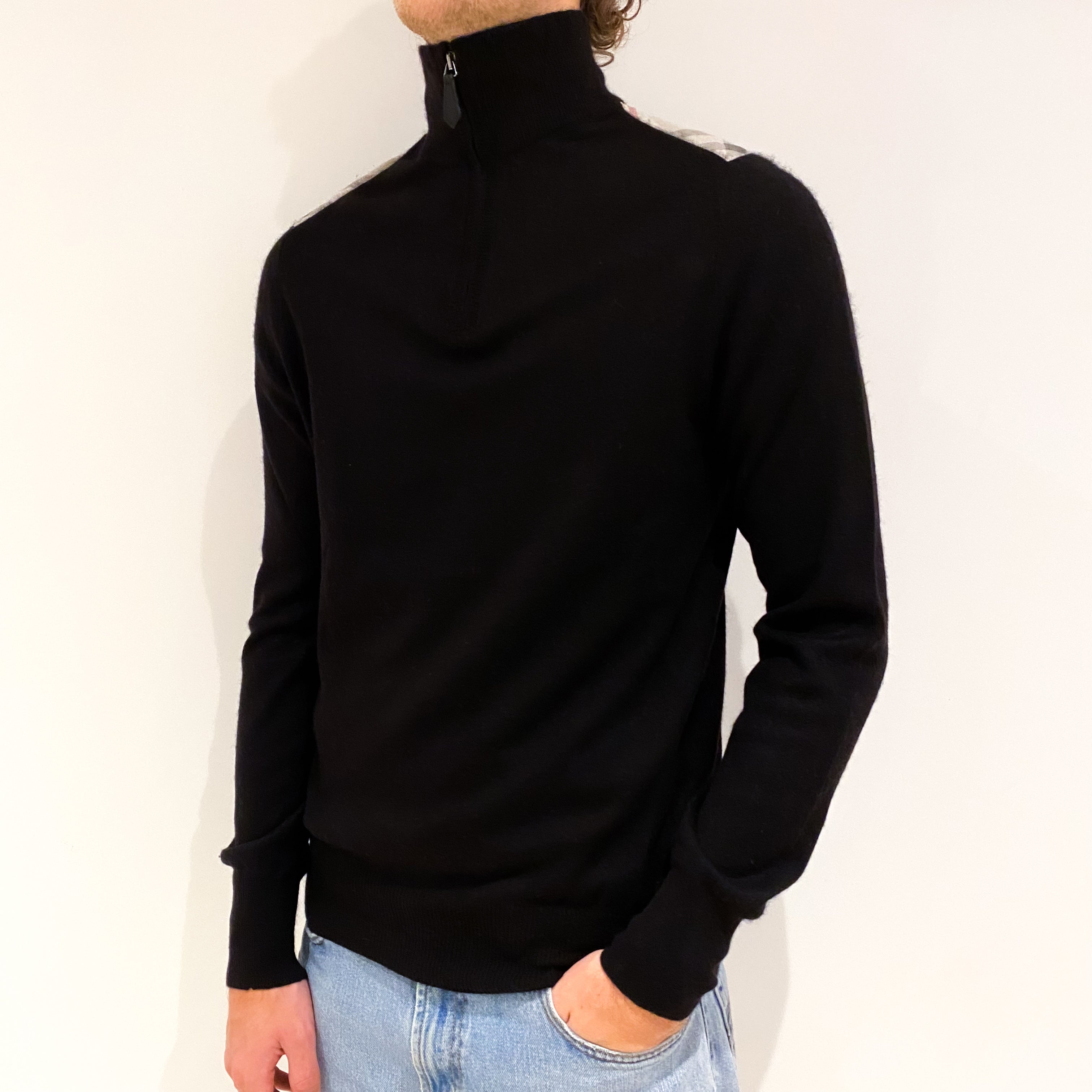 Men's Burberry Black Cashmere Quarter Zip Jumper Medium
