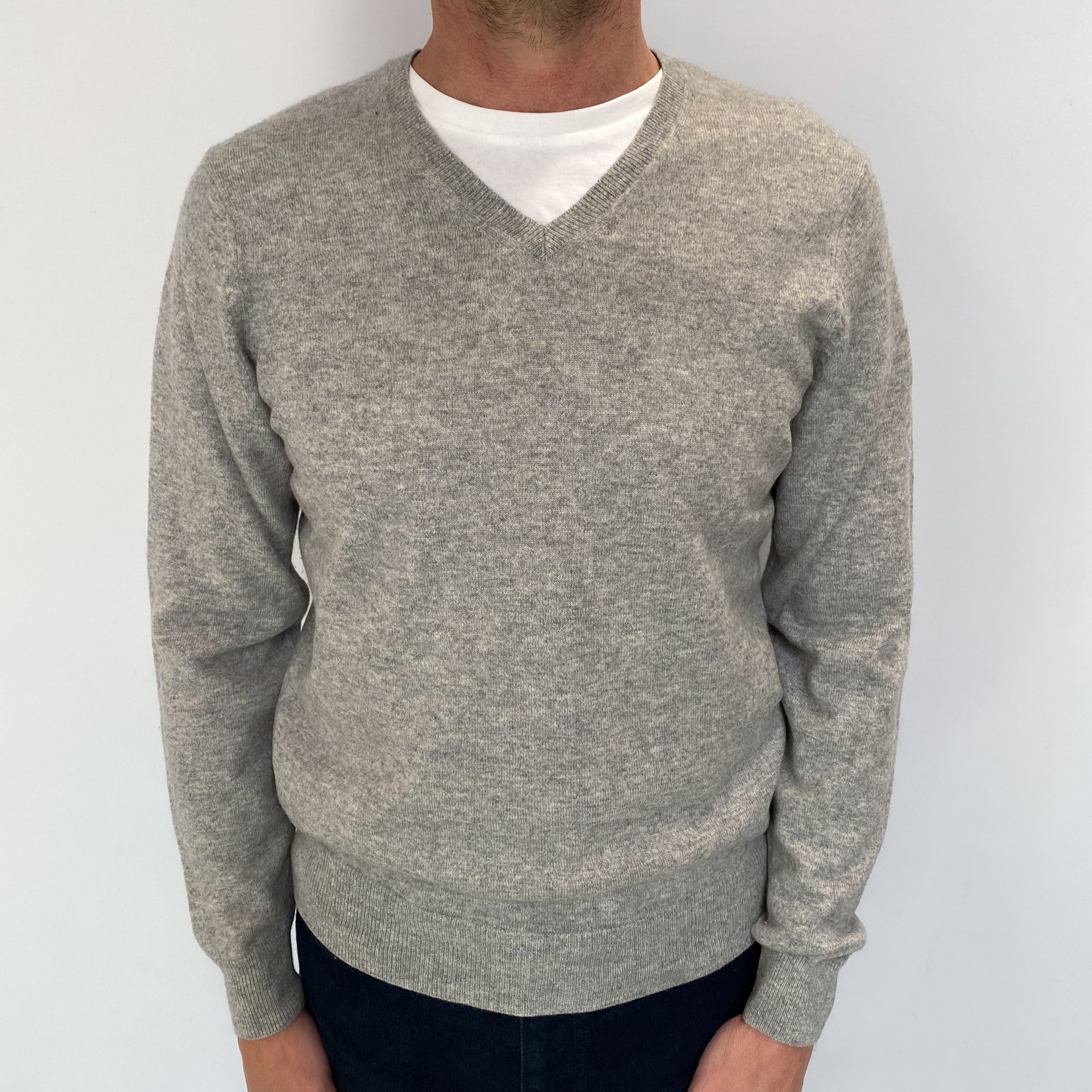 Men's Smoke Grey Cashmere V Neck Jumper Small