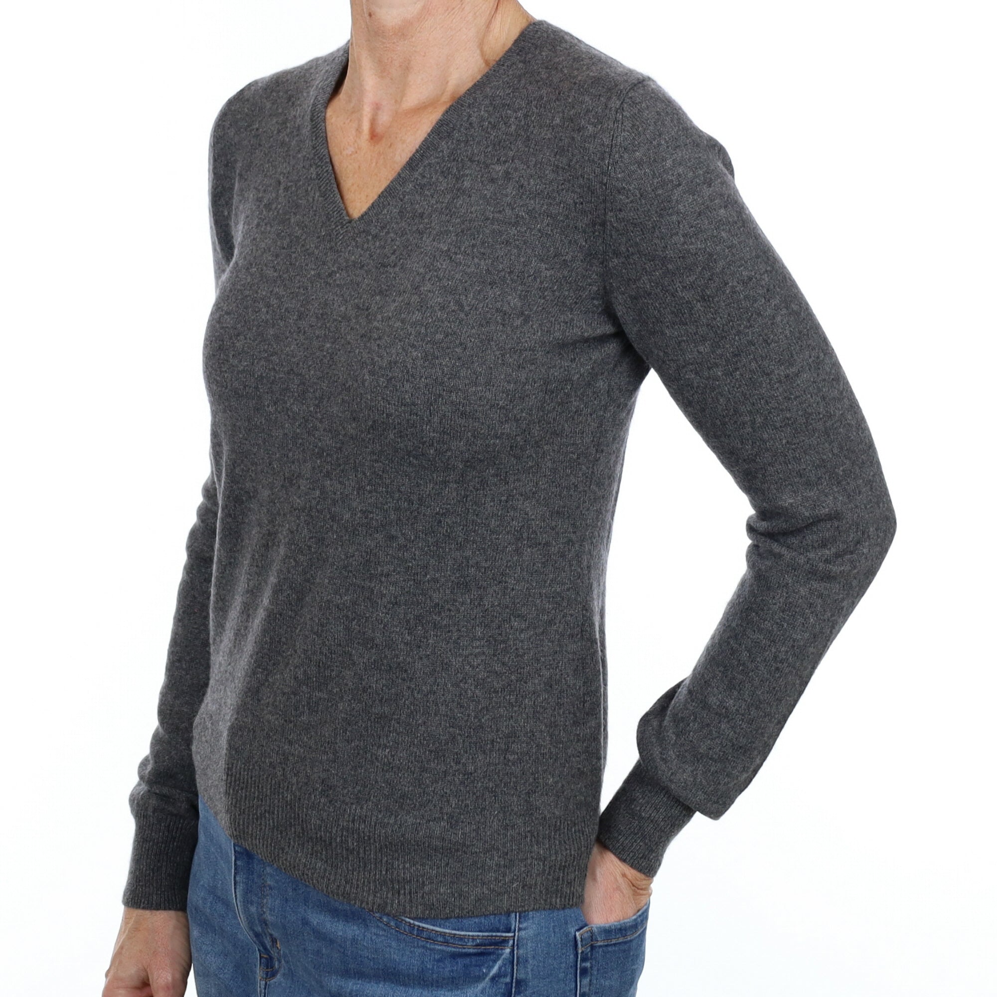 Ash Grey Cashmere V Neck Jumper Small