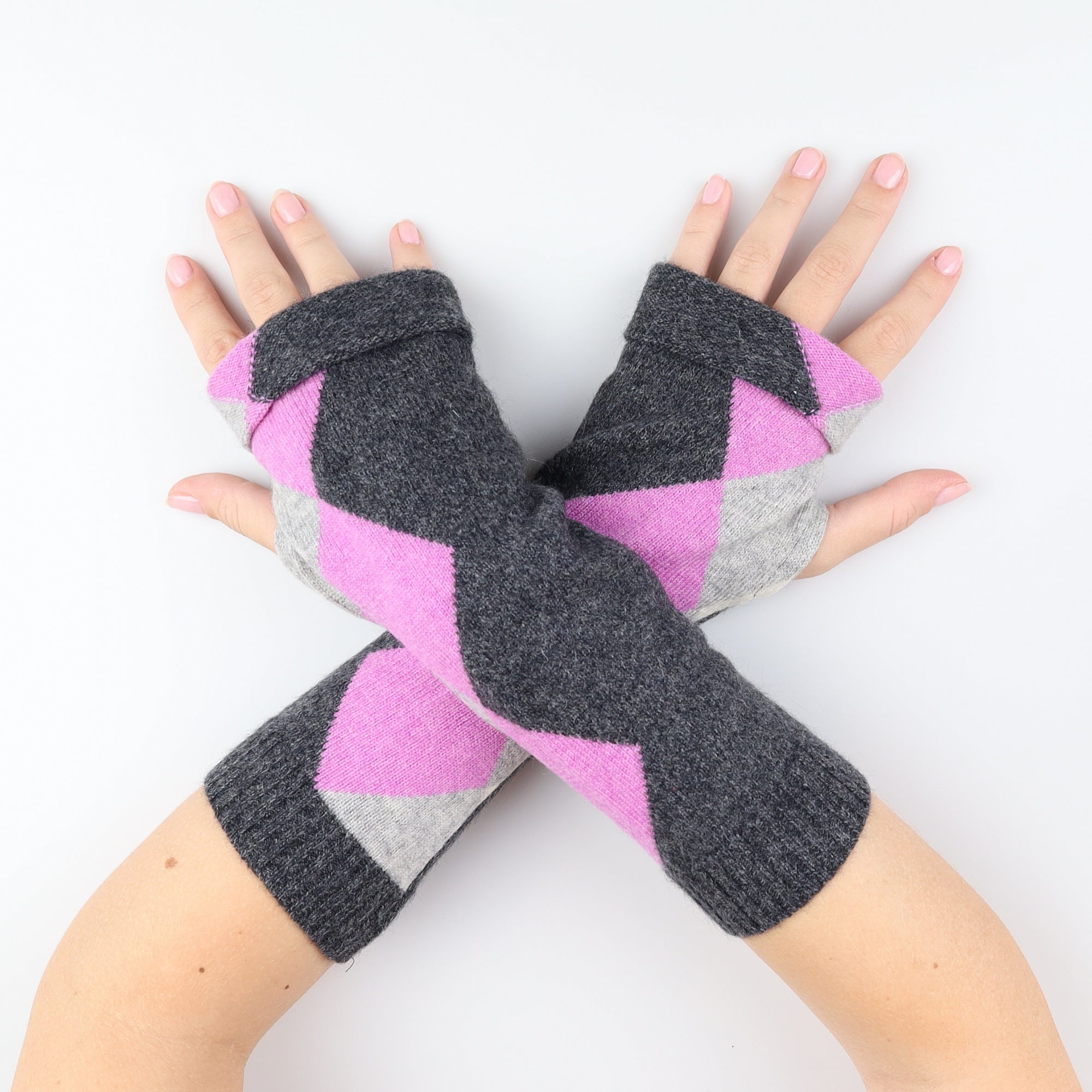 Grey and Pink Patterned Fingerless Gloves