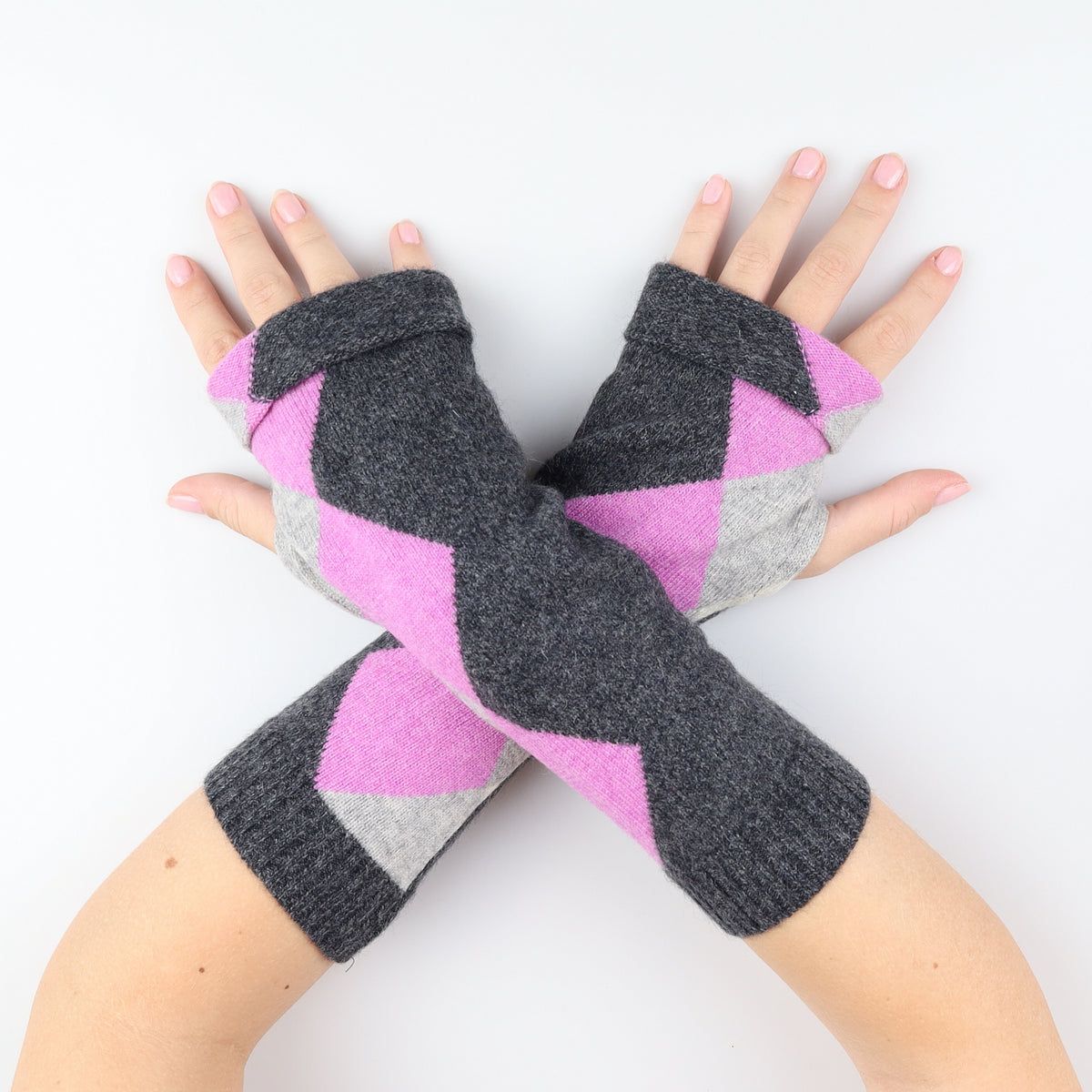 Grey and Pink Patterned Fingerless Gloves