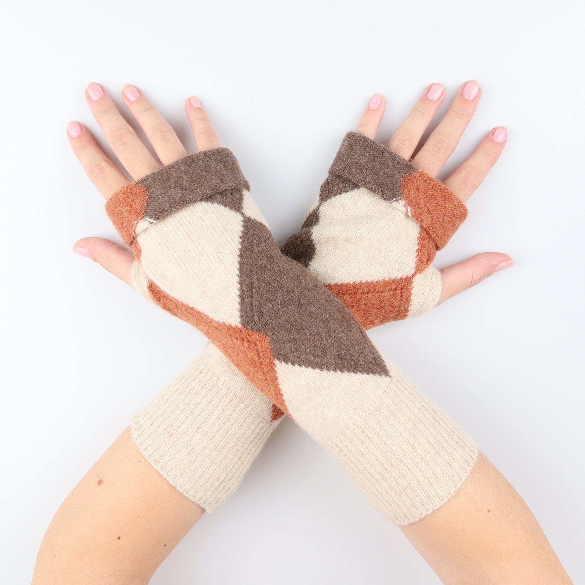 Brown Cream and Orange Patterned Fingerless Gloves