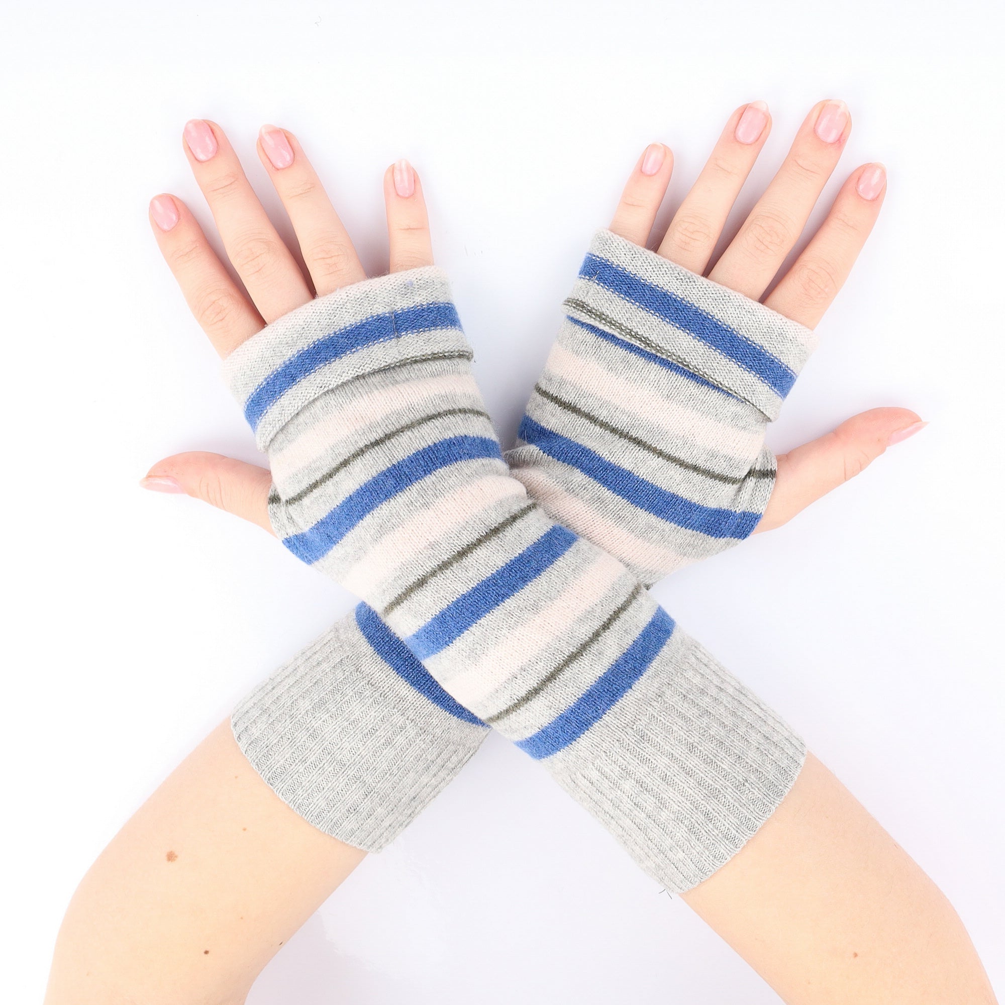 Grey and Blue Striped Fingerless Gloves