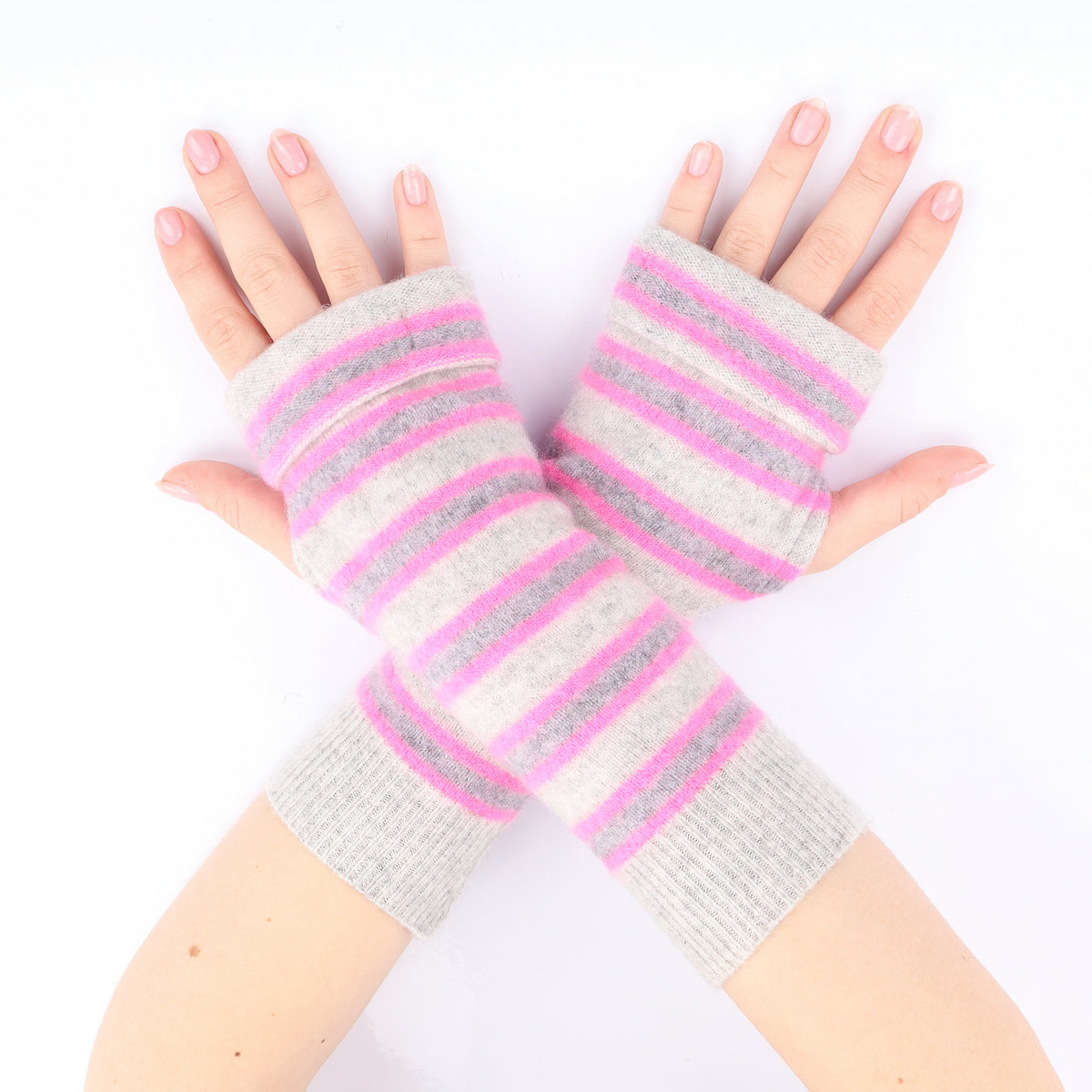 Grey and Pink Stripe Fingerless Gloves