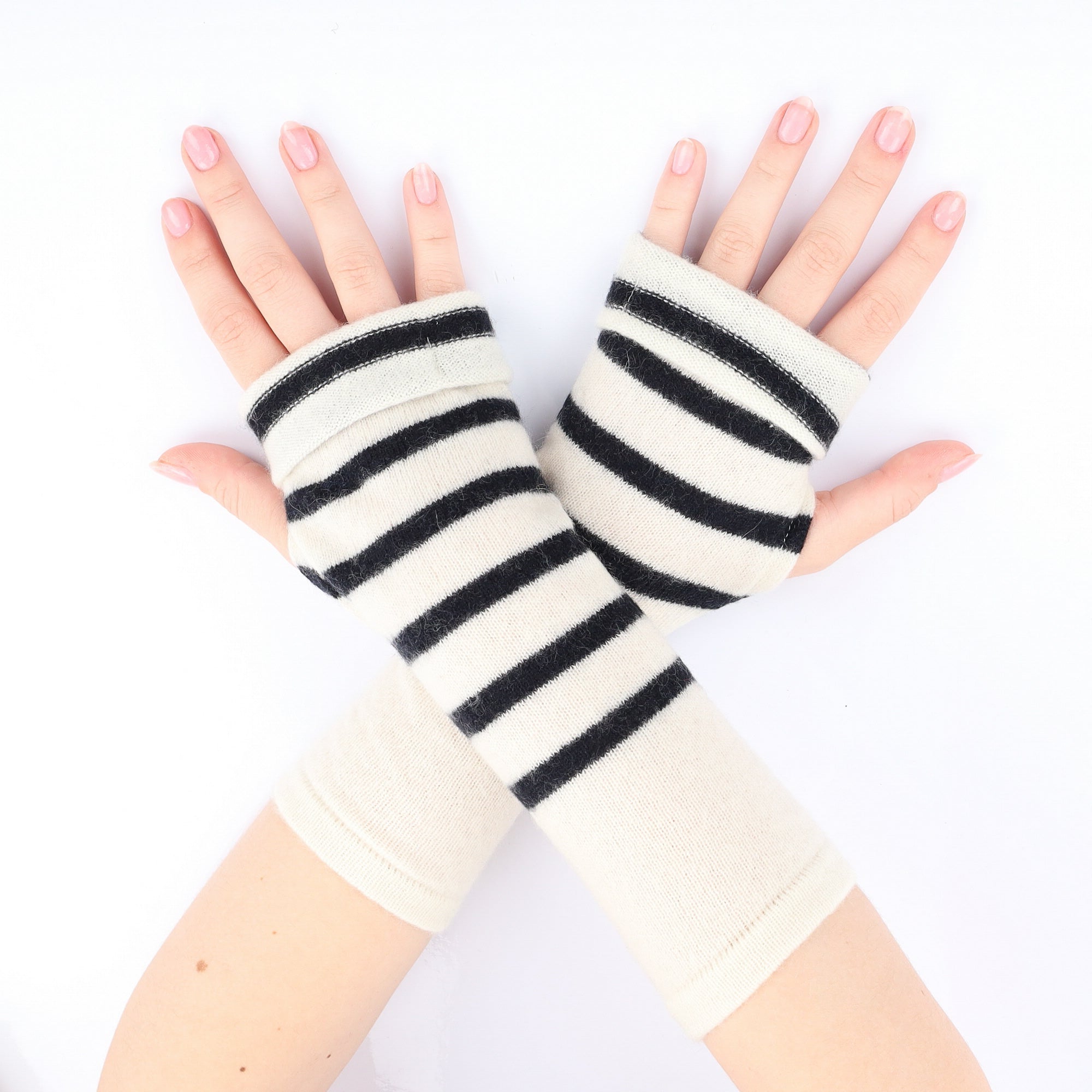 Black and Cream Stripe Fingerless Gloves