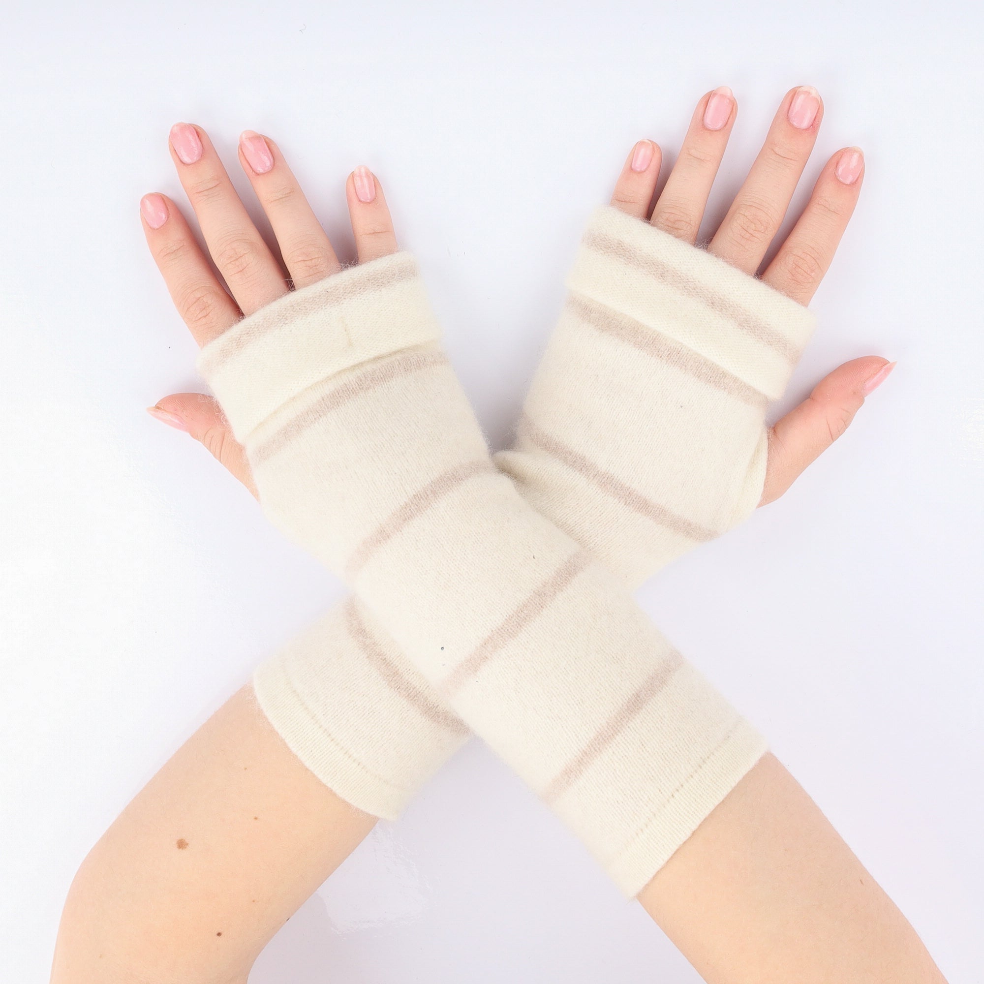 Fawn and Cream Striped Fingerless Gloves