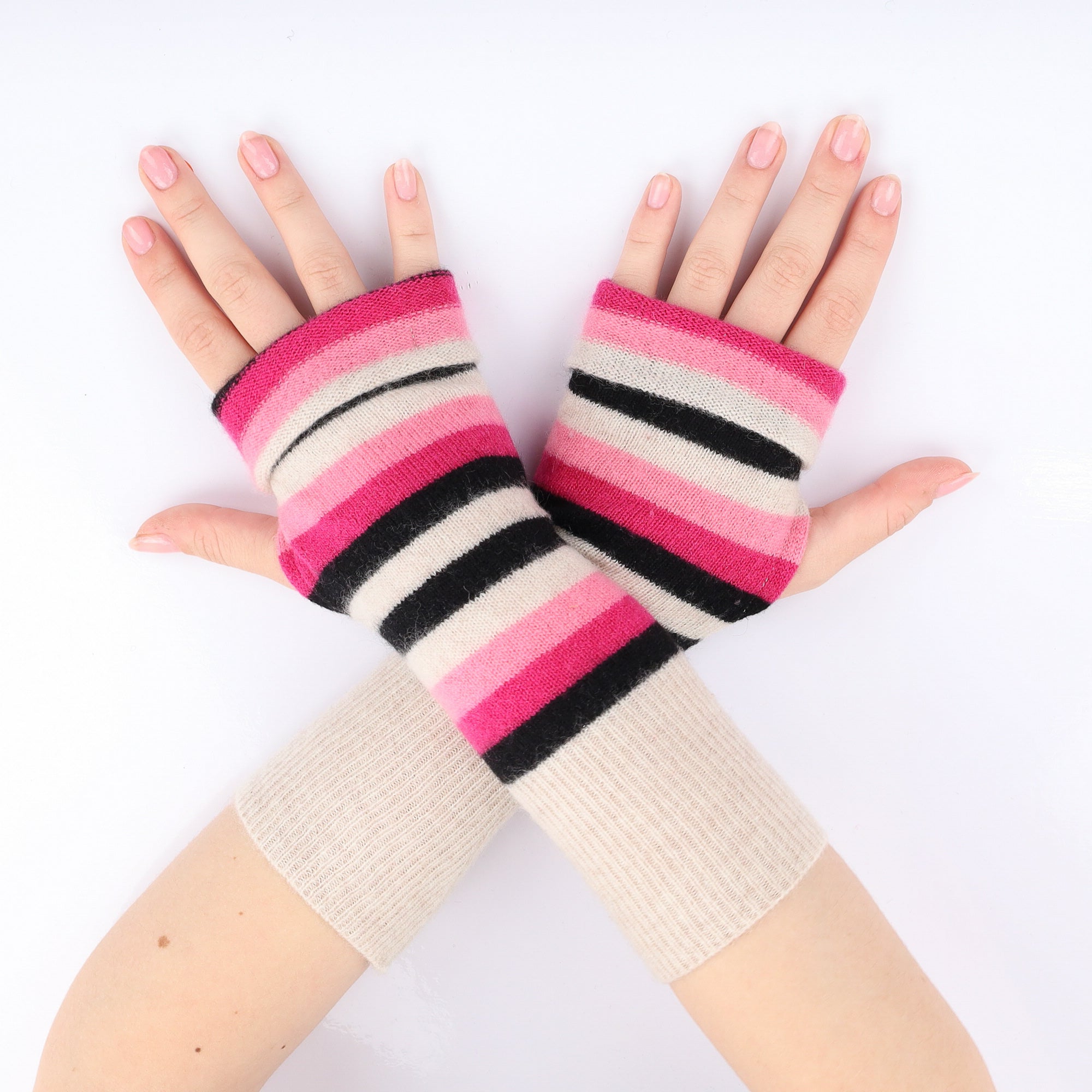Pink Oatmeal and Black Stripe Fingerless Gloves