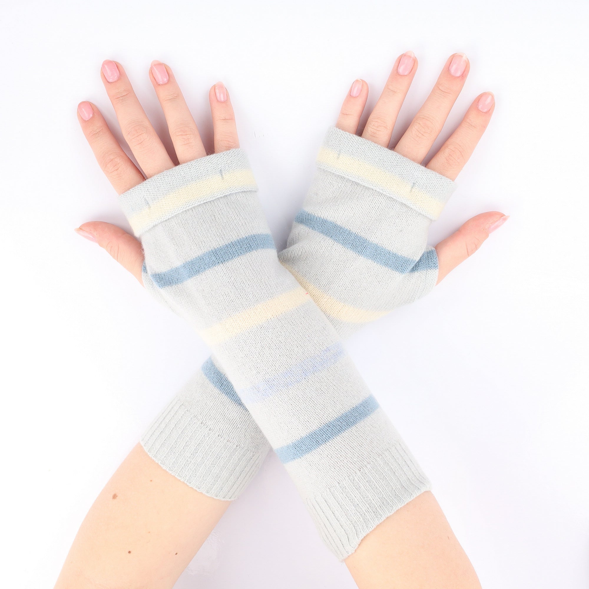 Sky Blue and White Stripe Fingerless Gloves