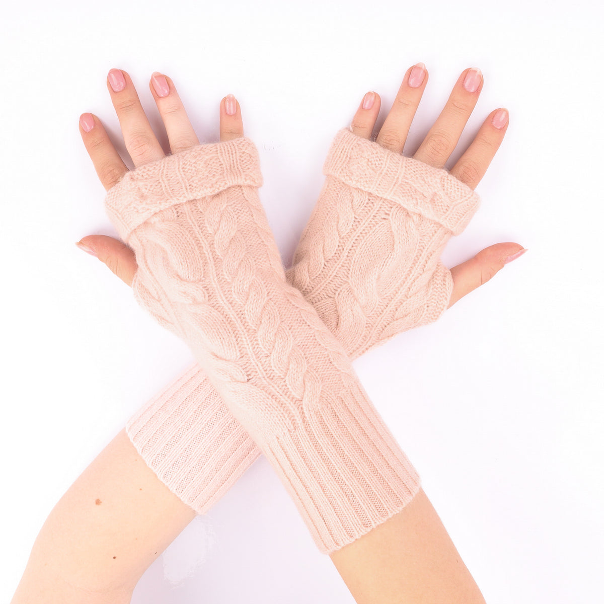 Shell Pink Cable Fingerless Gloves