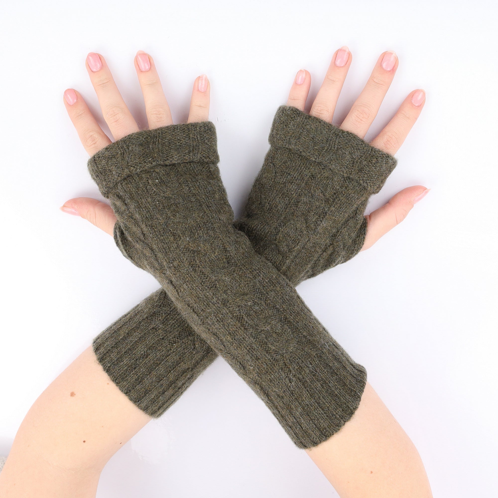 Moss Green Cable Fingerless Gloves