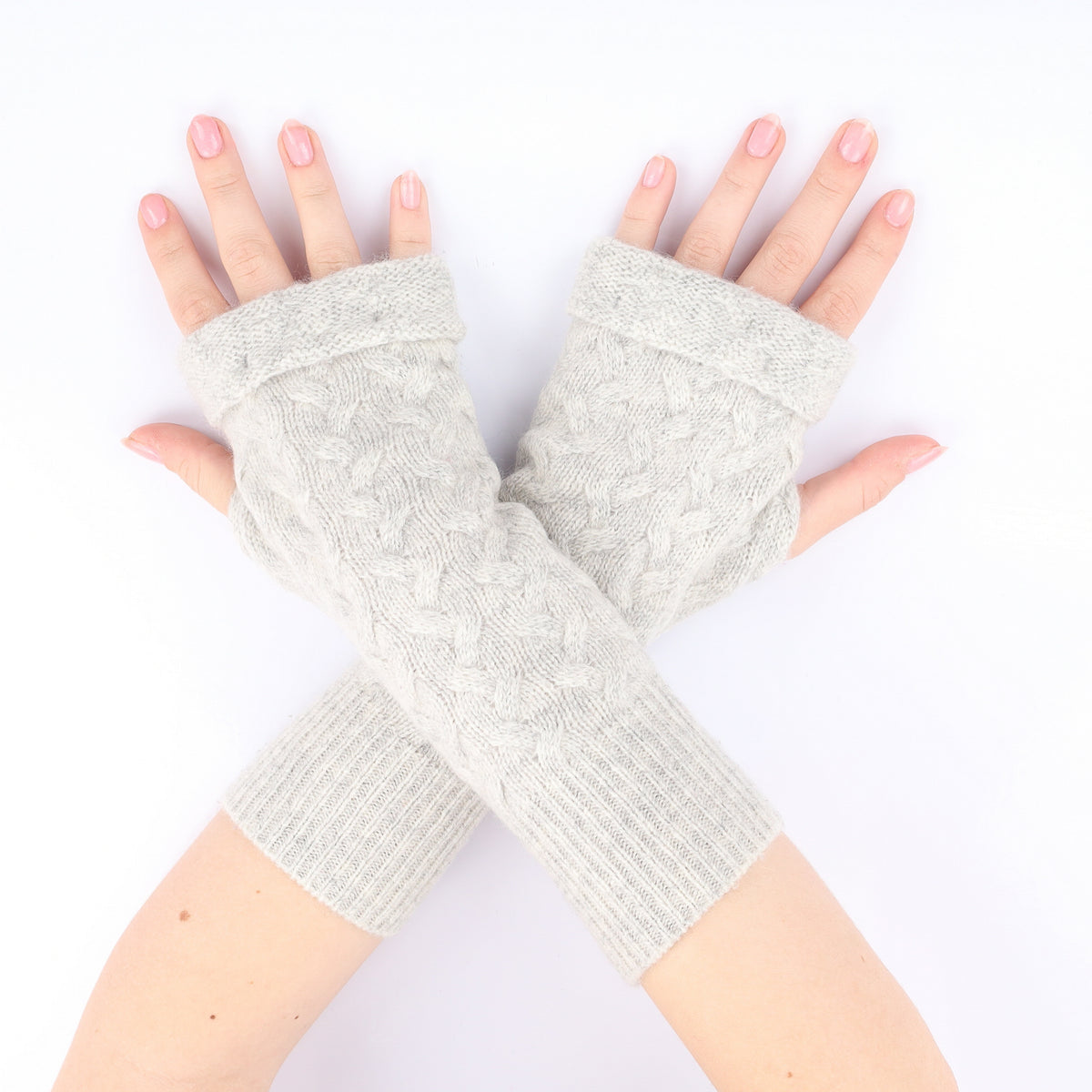 Mist Grey Cable Knit Fingerless Gloves