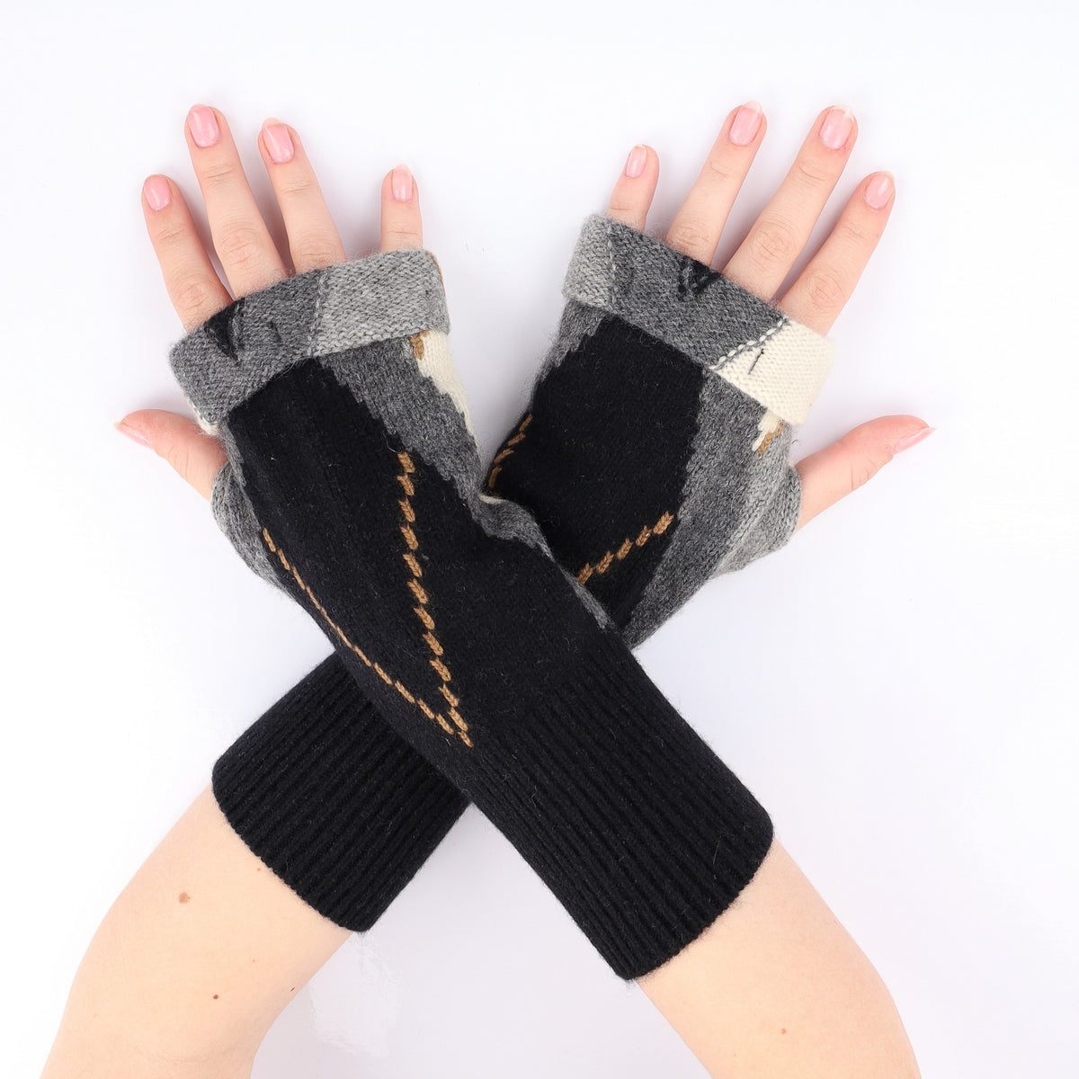 Black Grey and Cream Patterned Fingerless Gloves