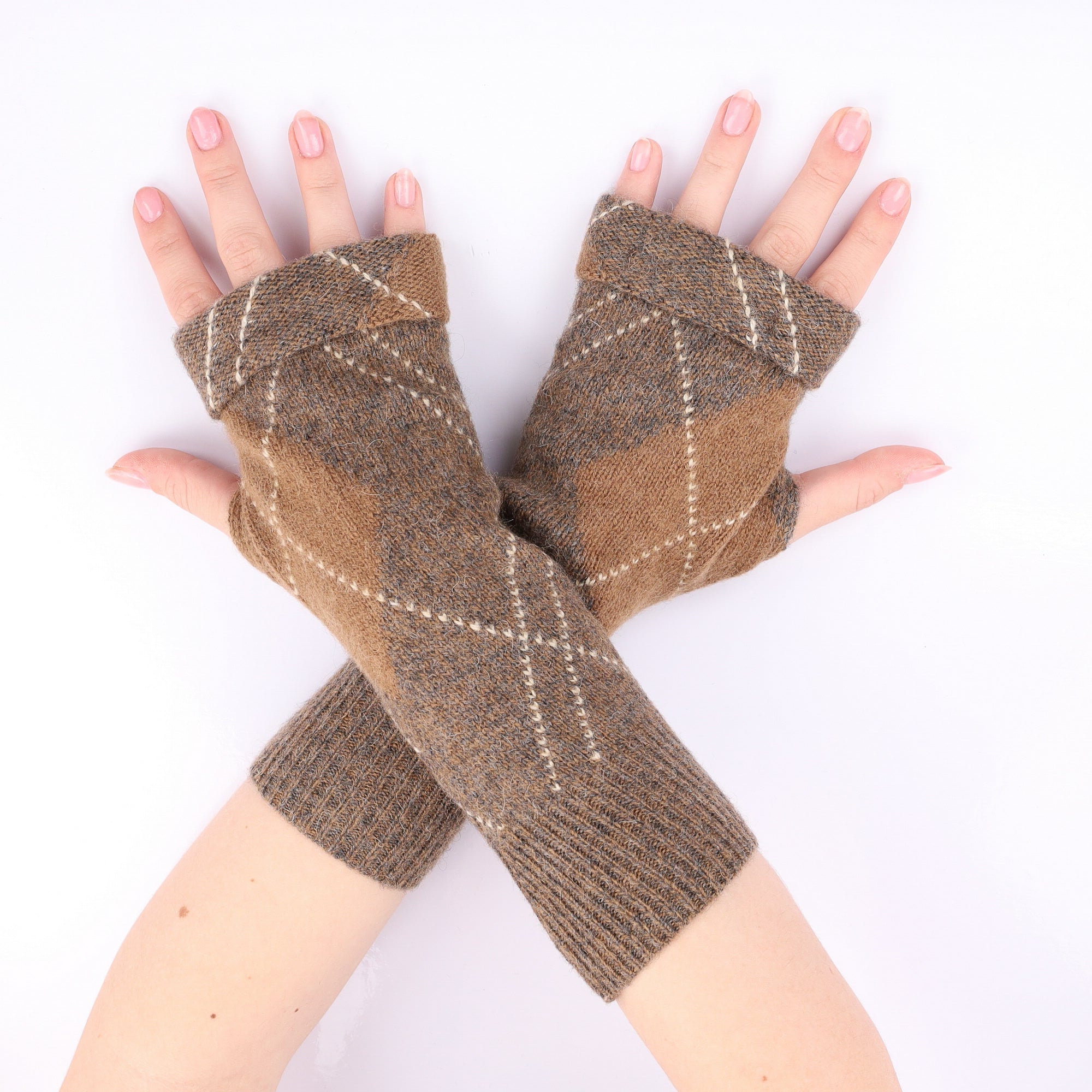 Cinnamon Brown and Cream Patterned Fingerless Gloves