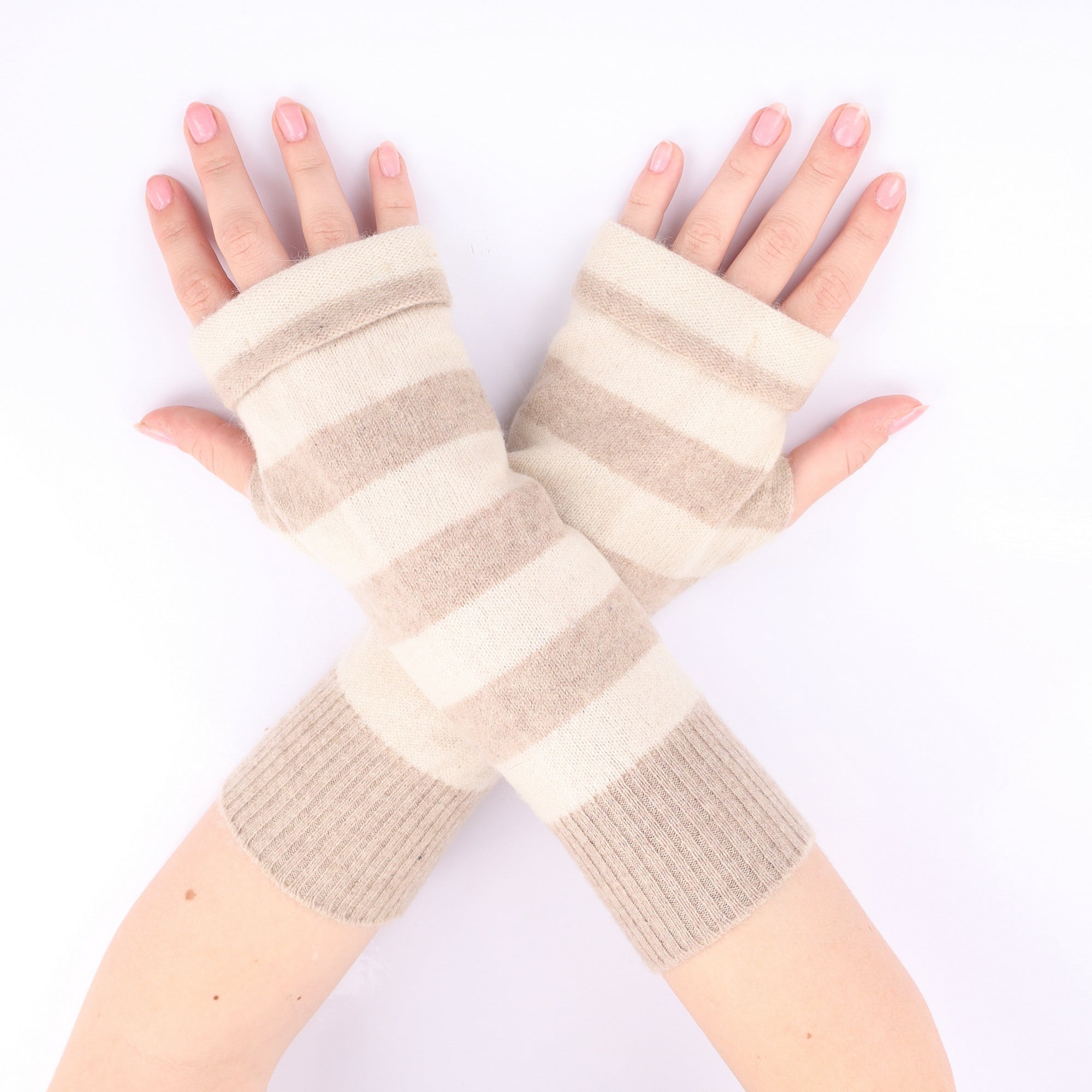 Fawn and Oatmeal Striped Fingerless Gloves