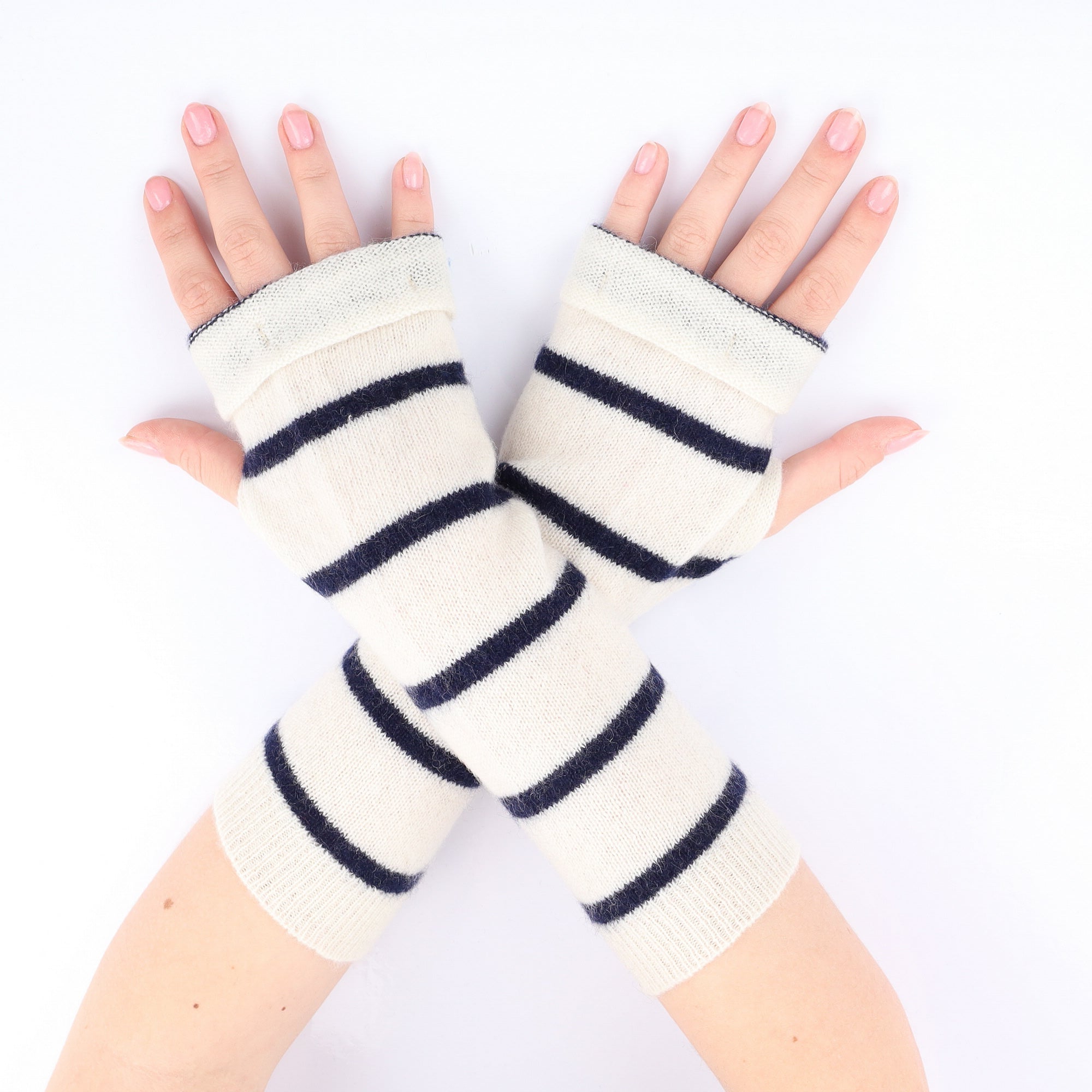 Cream and Navy Stripe Fingerless Gloves