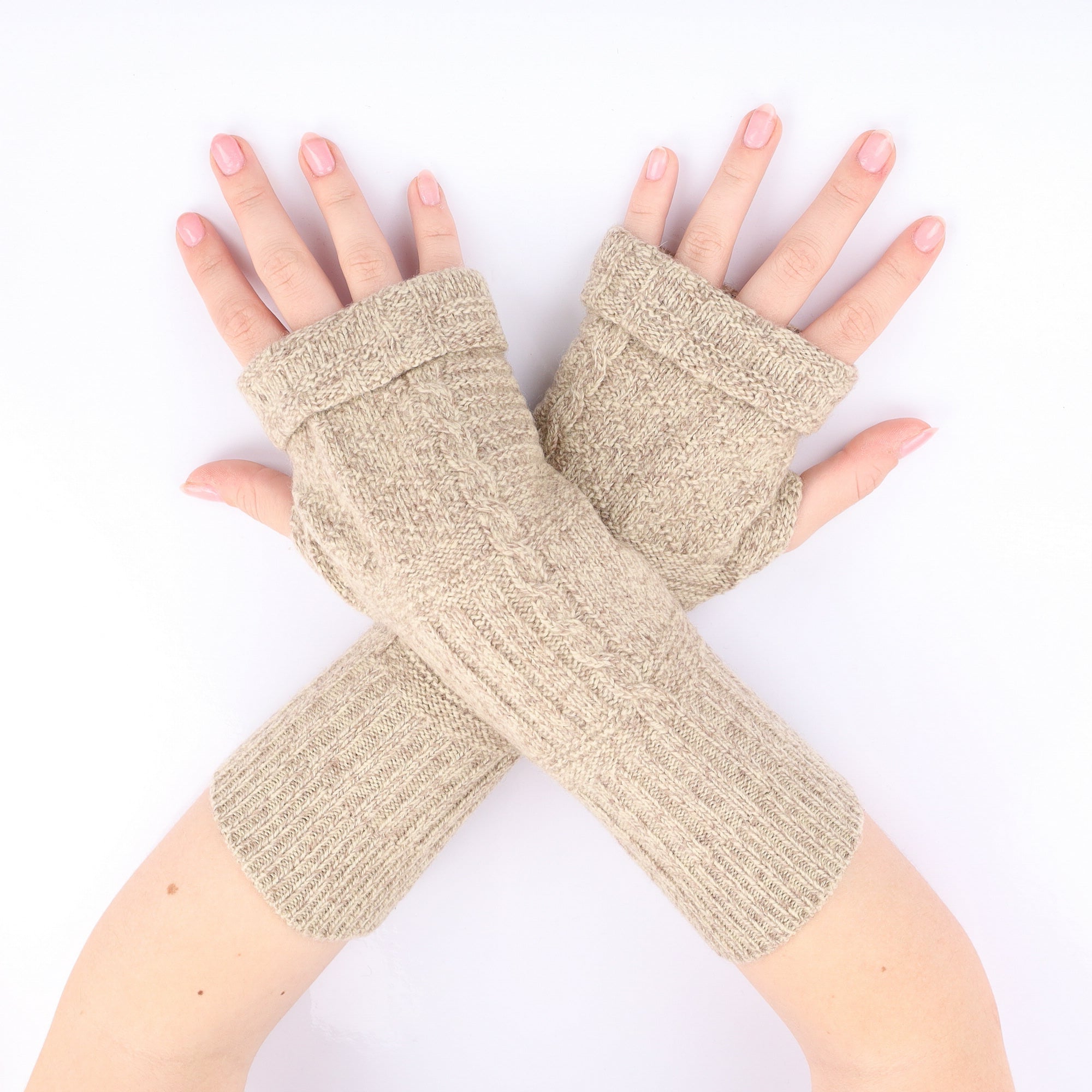 Buff Beige Marl Textured Knit Fingerless Gloves