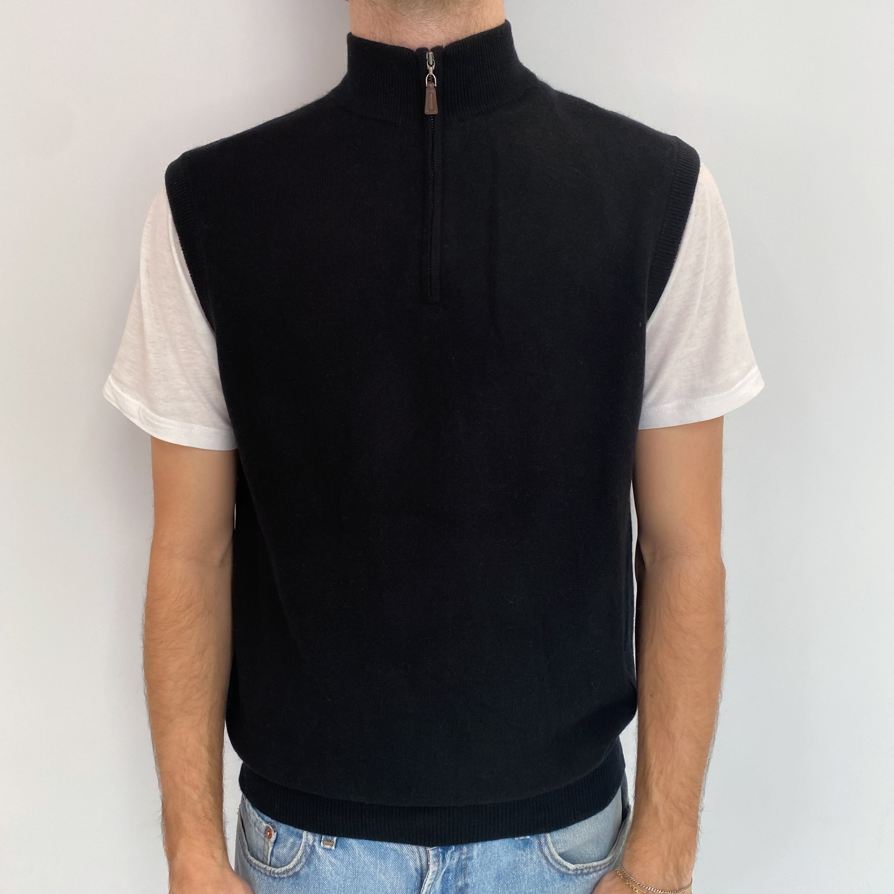 Men's Black Cashmere 1/4 Zip Polo Neck Sleeveless Jumper Medium