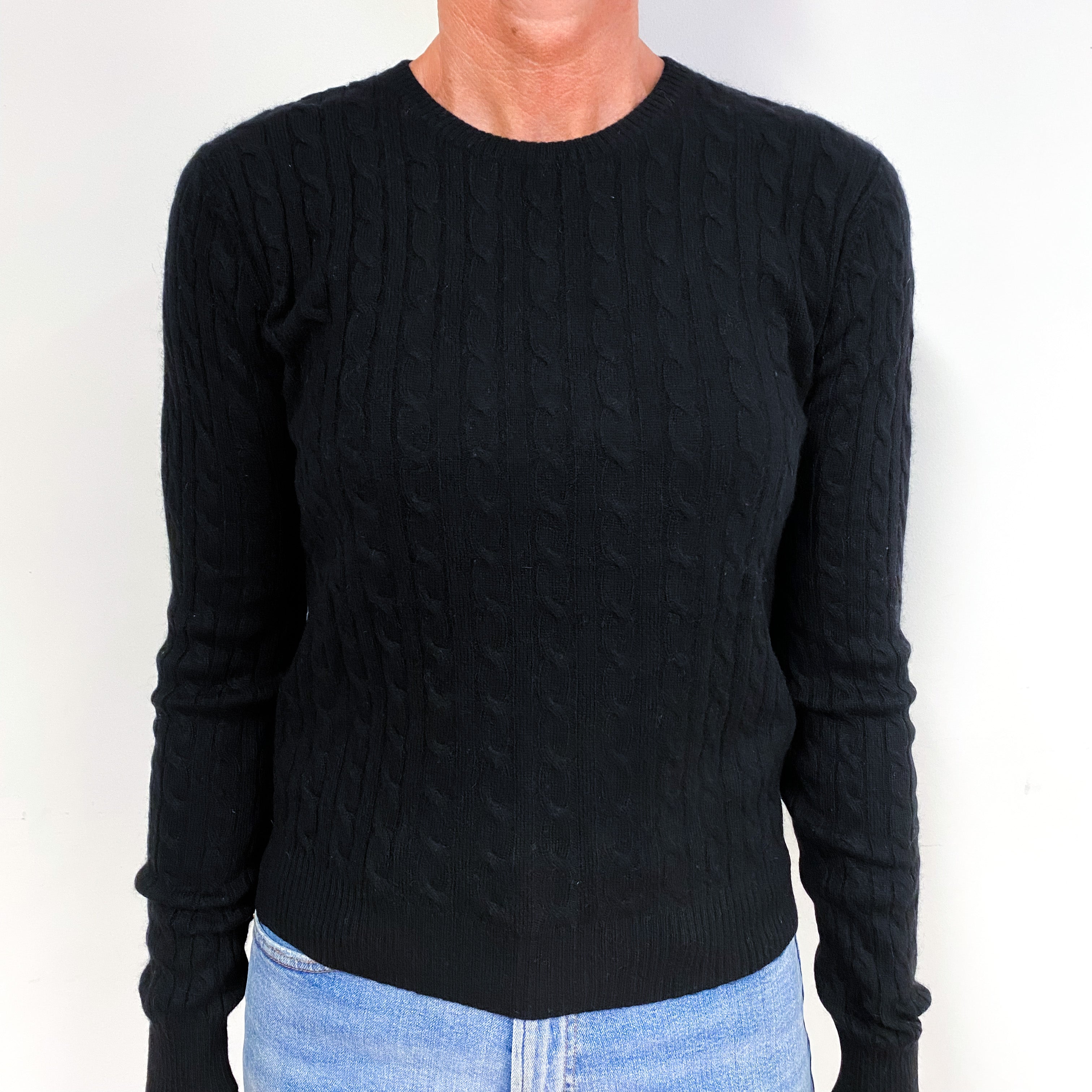 Black Cable Knit Cashmere Crew Neck Jumper Medium
