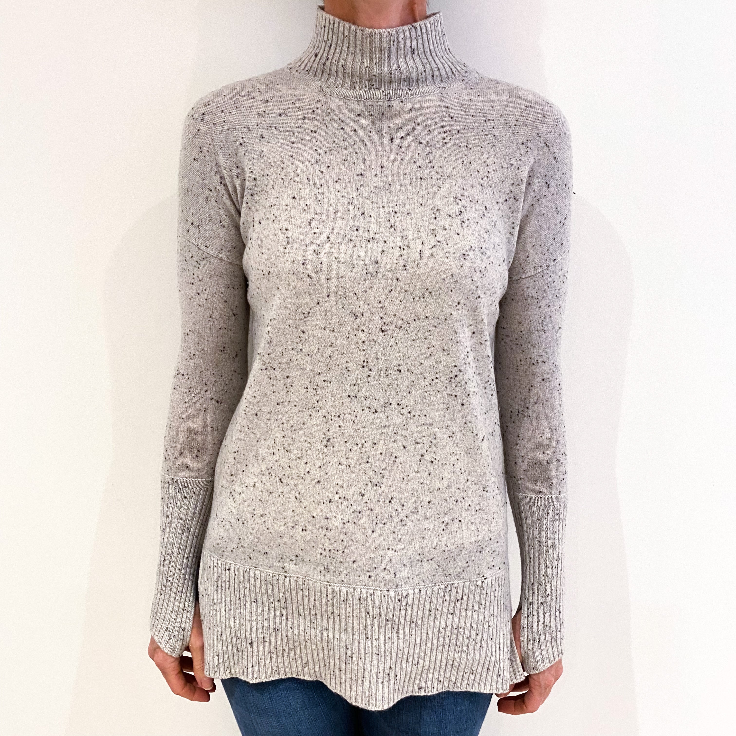 Mist Grey Speckled Cashmere Polo Neck Jumper Small