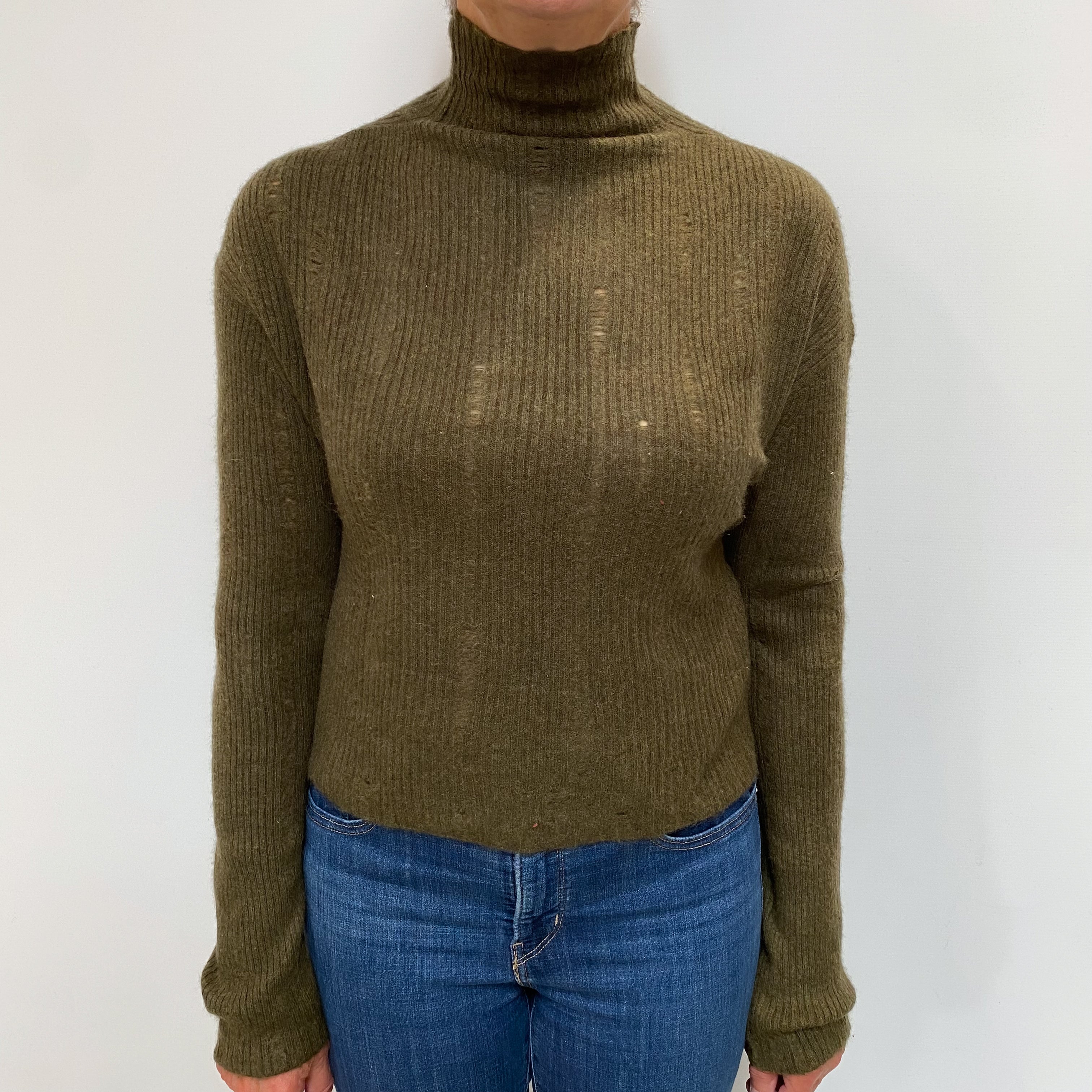 Khaki Green Cashmere Turtle Neck Jumper Medium
