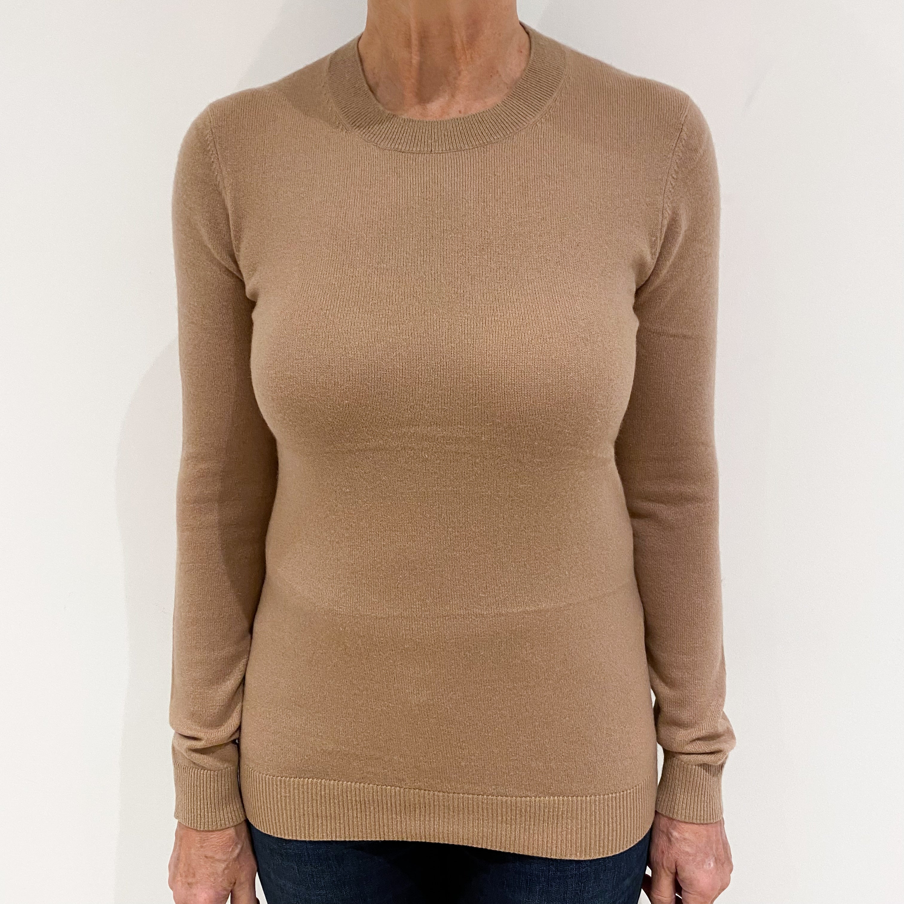 Camel Brown Cashmere Crew Neck Jumper Medium