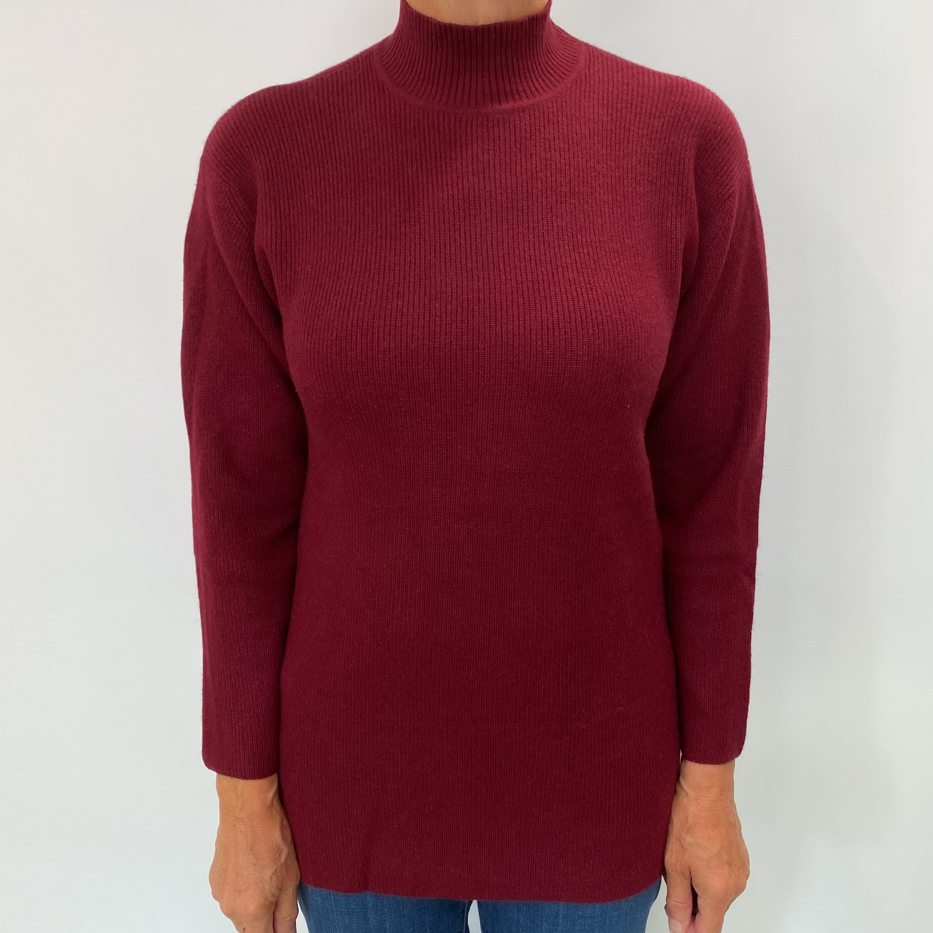 Maroon Red Rib Cashmere Turtle Neck Jumper Medium