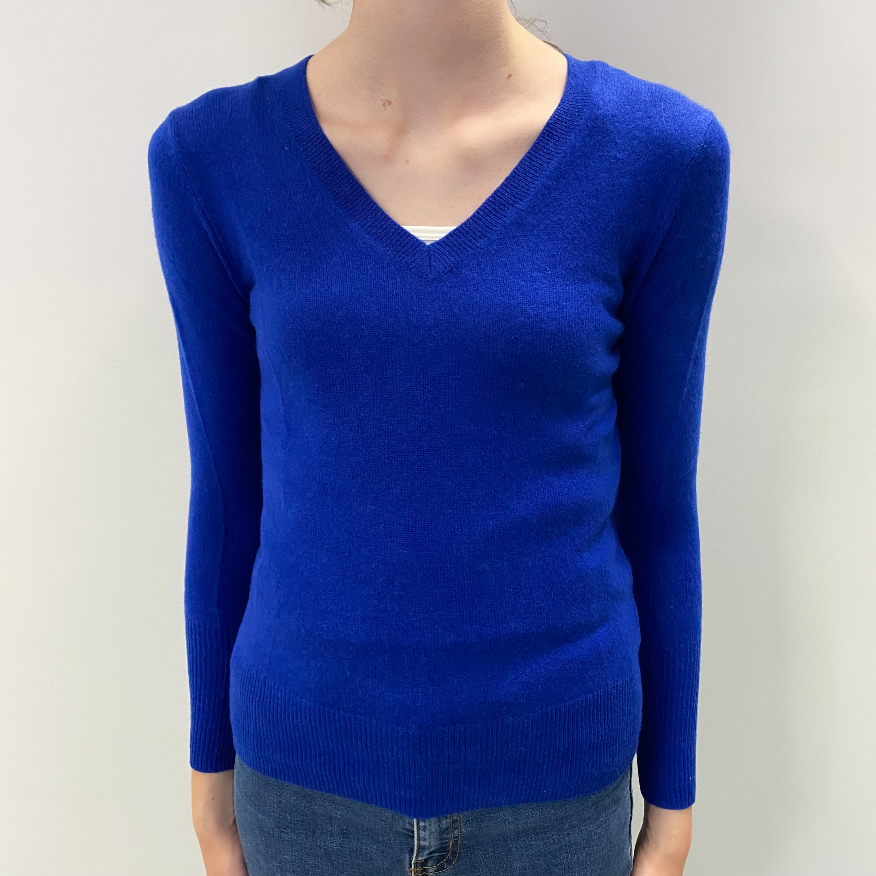 Cobalt Blue Cashmere V Neck Jumper Extra Small