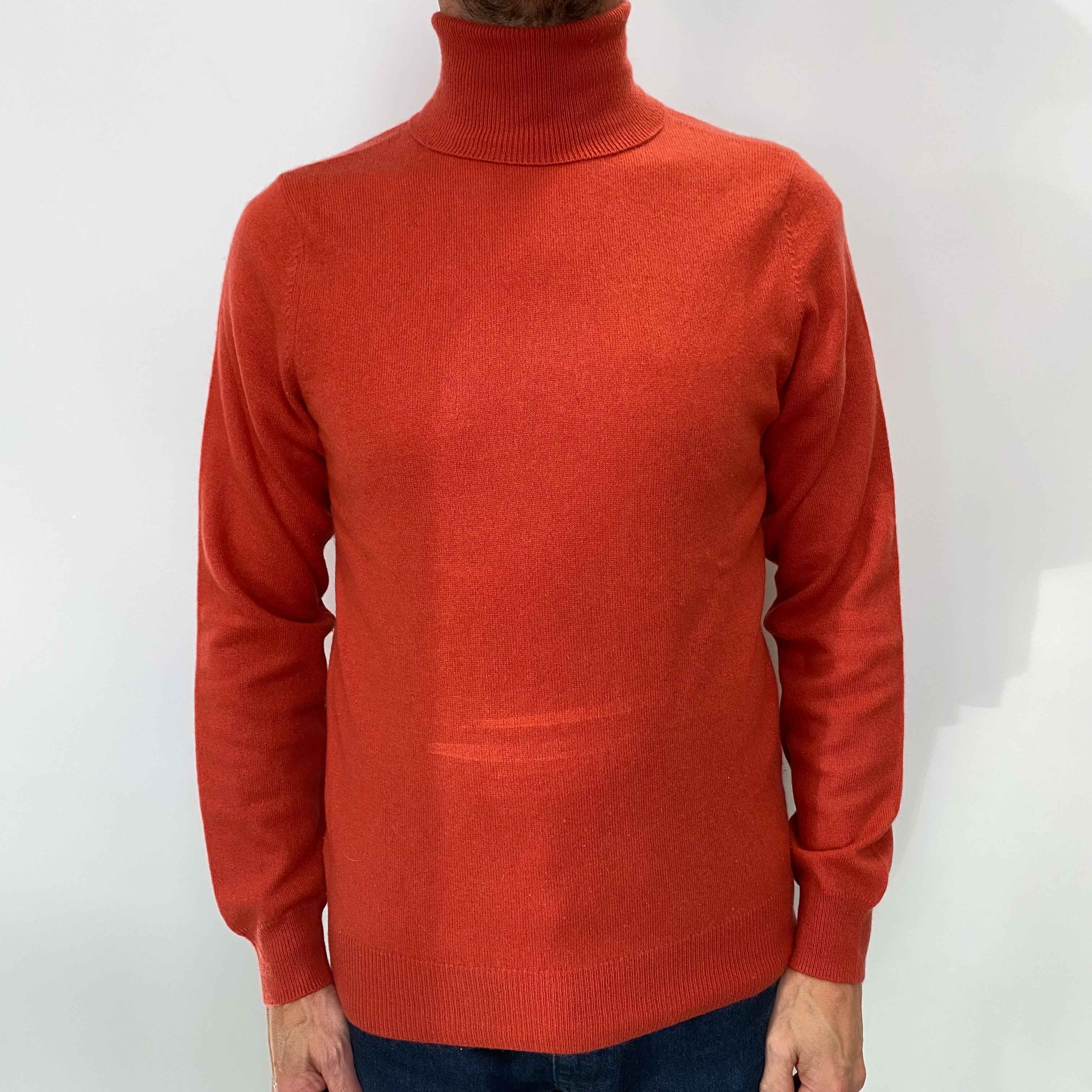 Burnt Orange Men's Cashmere Polo Neck Jumper Small