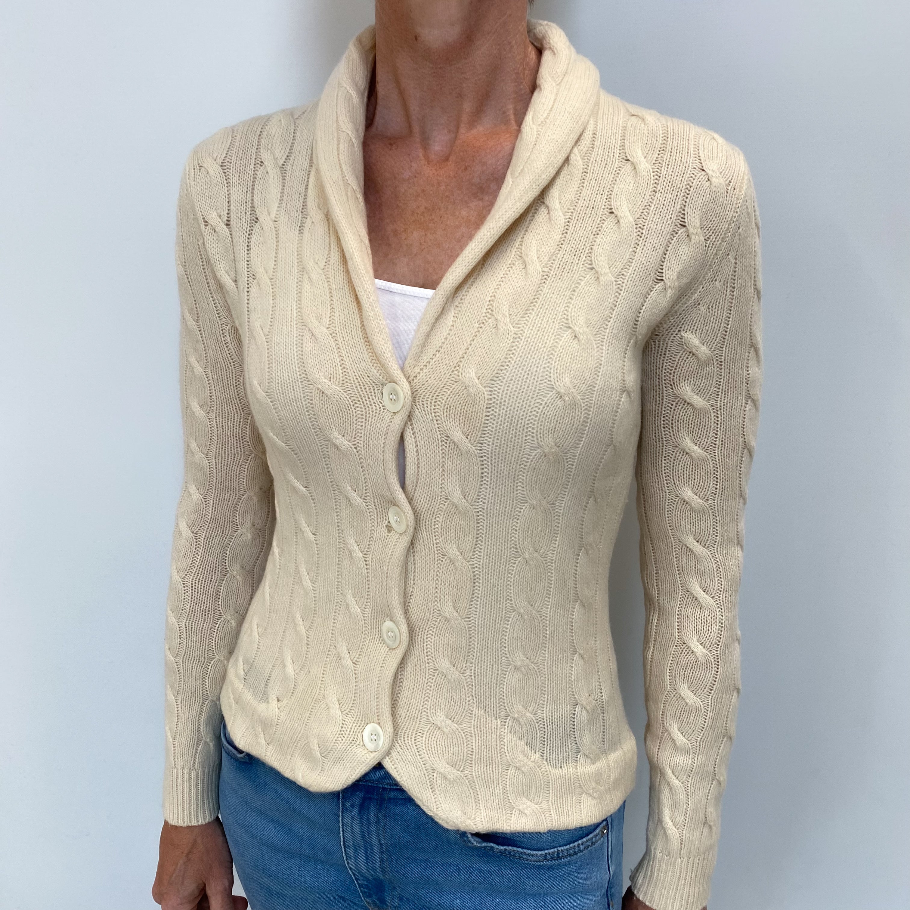 Vanilla Cream Cable Cashmere Shawl Collar Cardigan Small