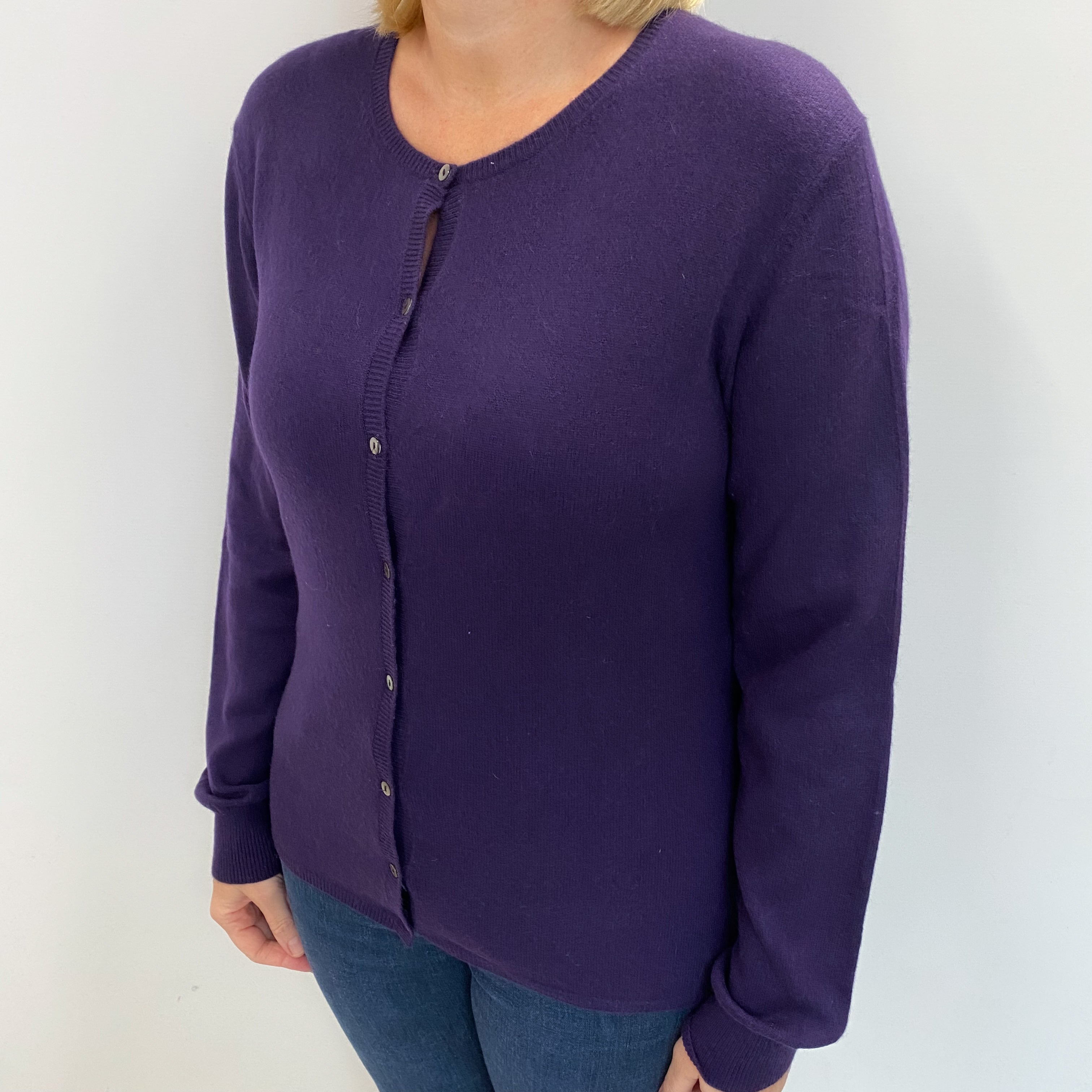 Repeat Aubergine Purple Cashmere Crew Neck Cardigan Large