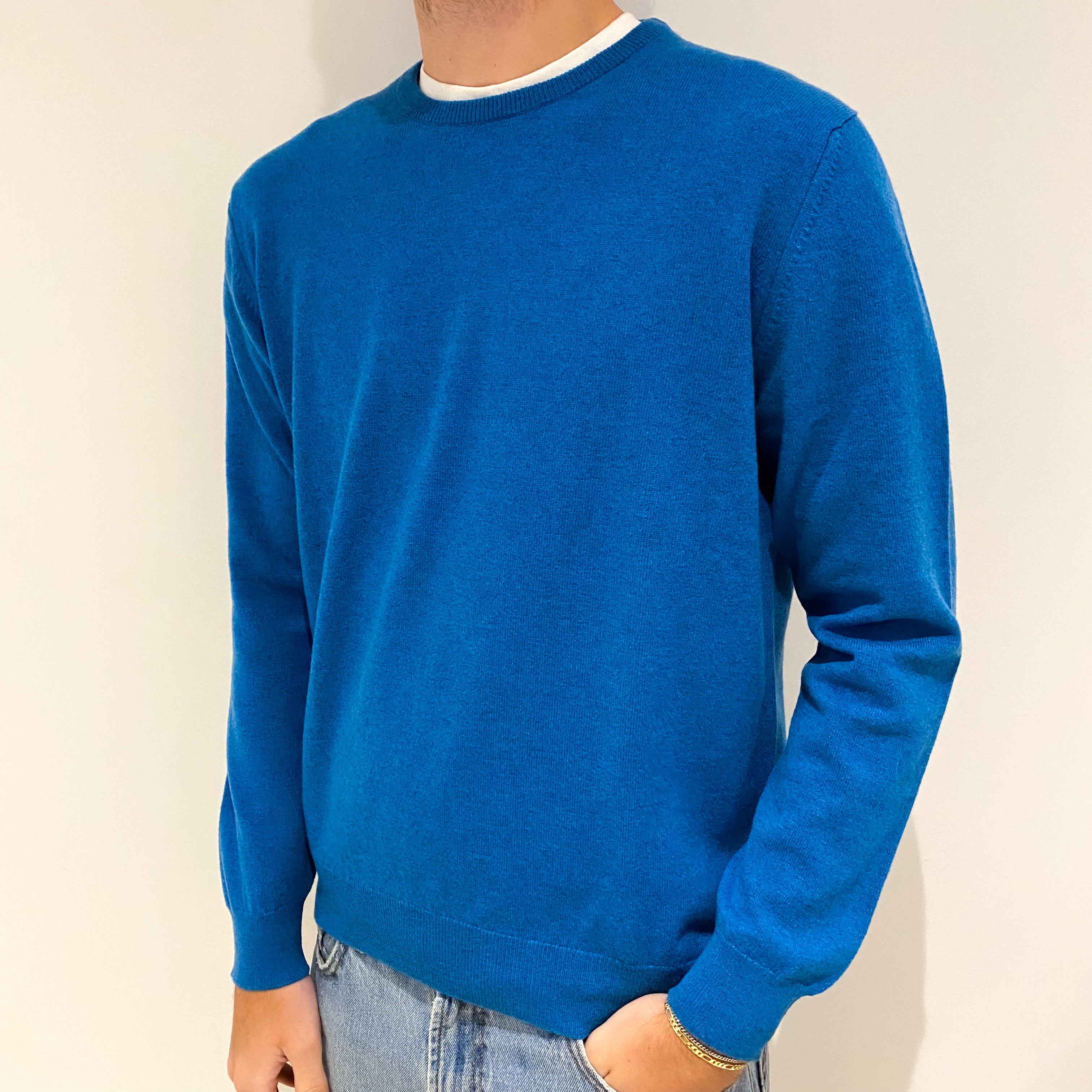 Men's New Peacock Blue Cashmere Crew Neck Jumper