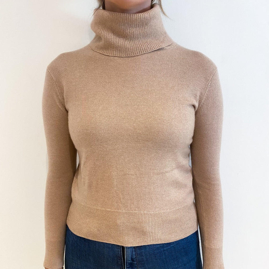 Buff Beige Cashmere Polo Neck Jumper Small