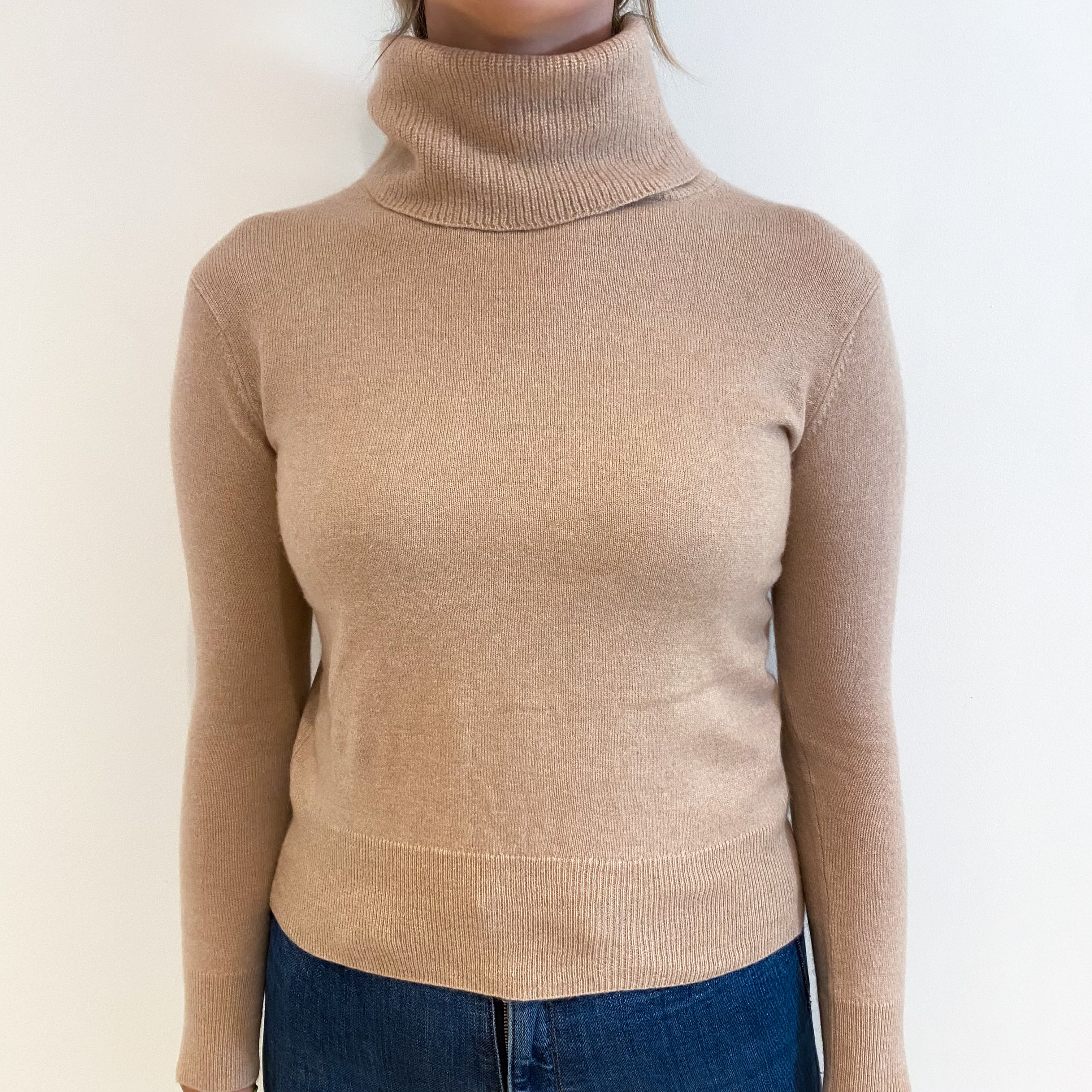 Buff Beige Cashmere Polo Neck Jumper Small