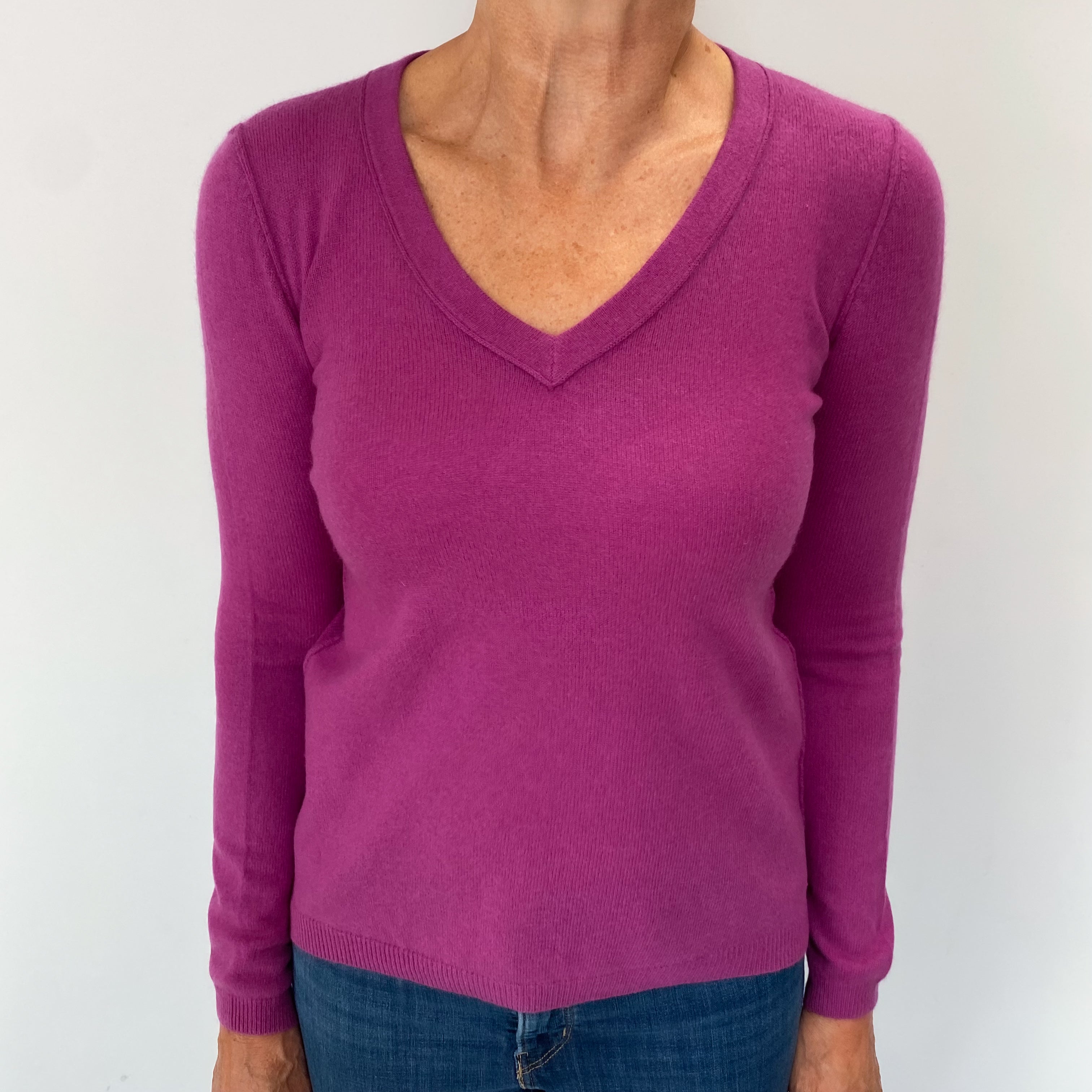 Magenta Purple Cashmere V Neck Jumper Medium