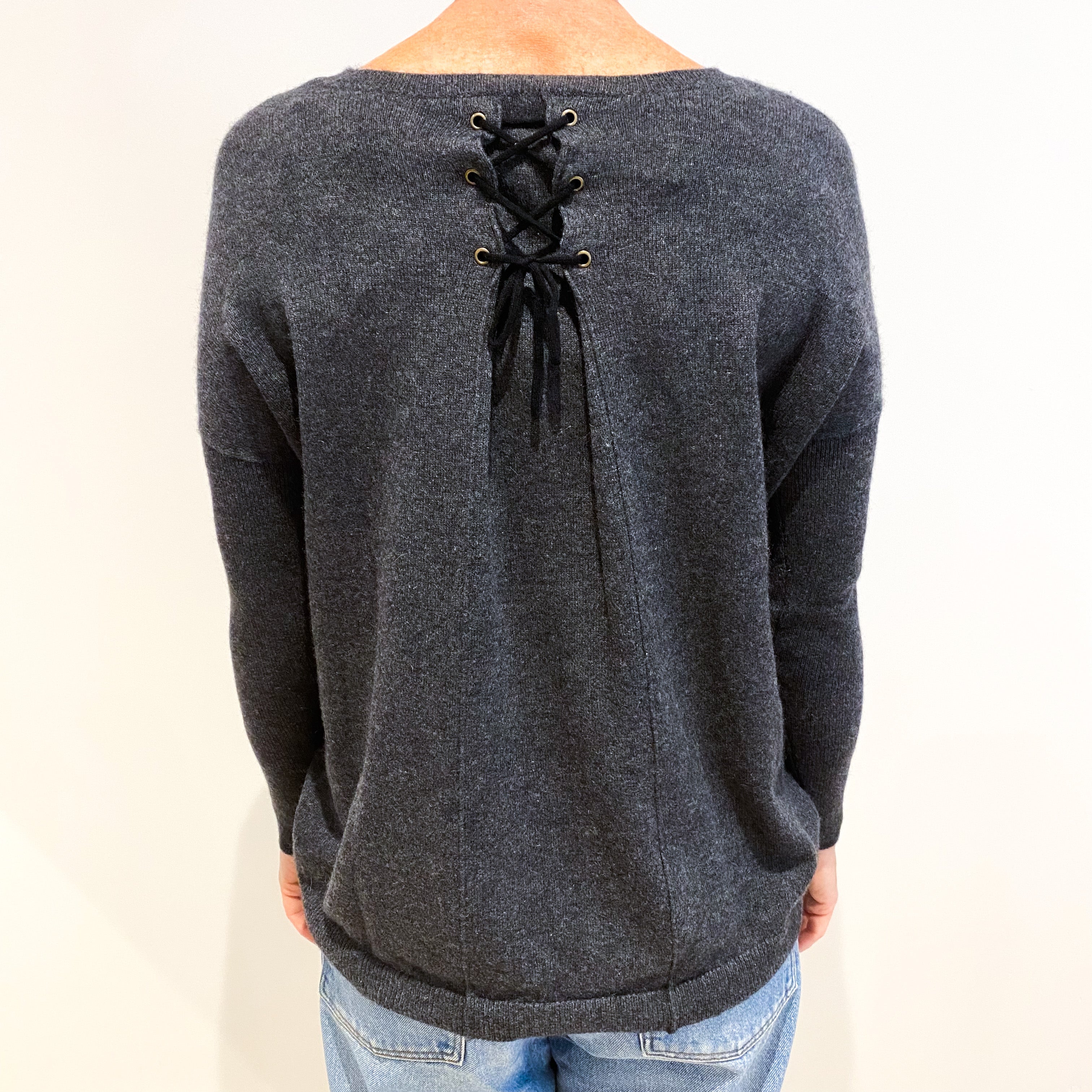 Slate Grey Lace Up Cashmere Crew Neck Jumper Small
