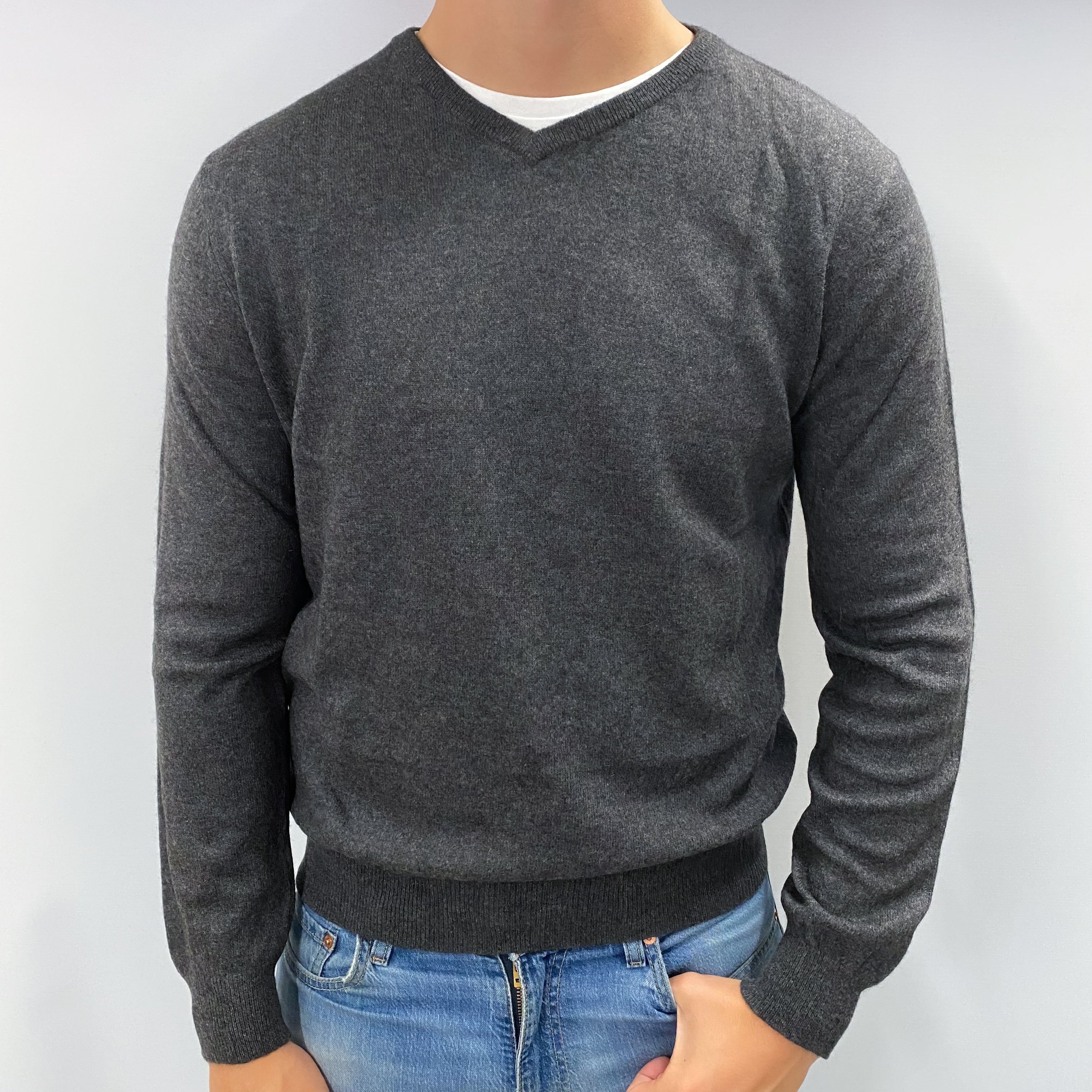 Men's Slate Grey Cashmere V Neck Jumper XL